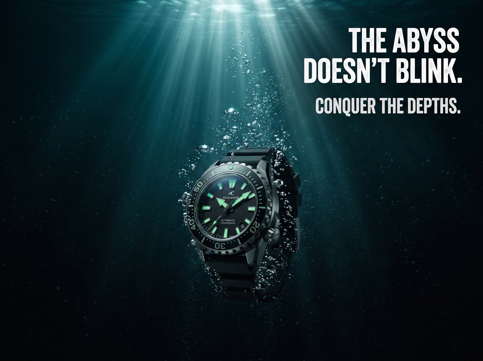 Sports dive-watch advertisement, a rugged watch sinking in deep ocean water with dramatic light rays from above, bubbles trailing, immense…