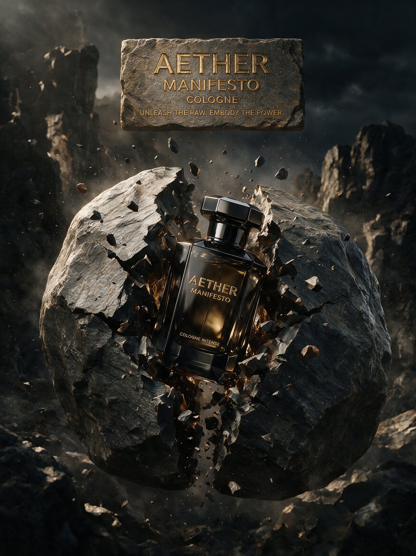 Masculine cologne advertisement, a bold cologne bottle appearing carved from a solid rock boulder that is cracking open to reveal the…