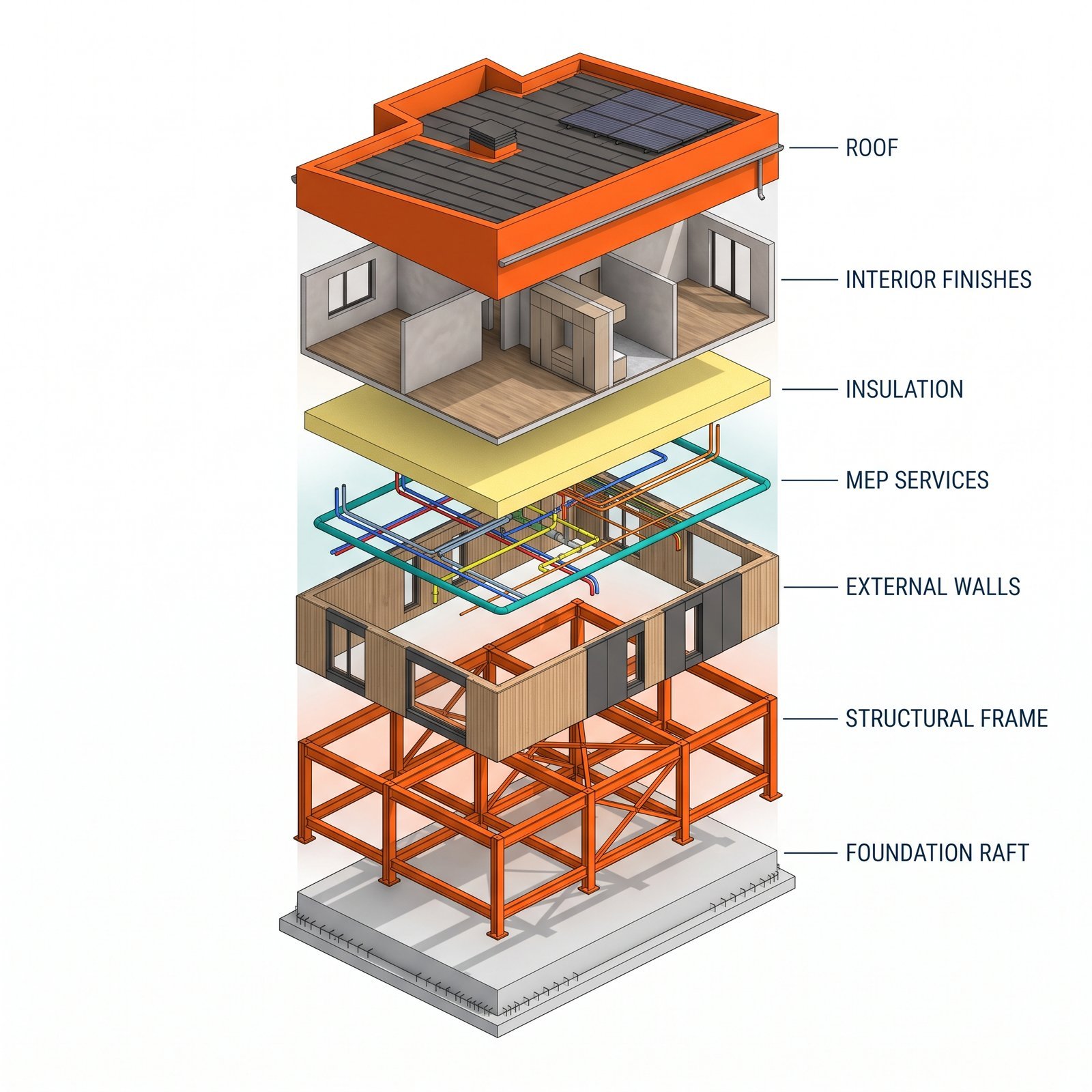 Exploded axonometric illustration of a modern villa separated into stacked horizontal layers floating apart with gaps: foundation raft…
