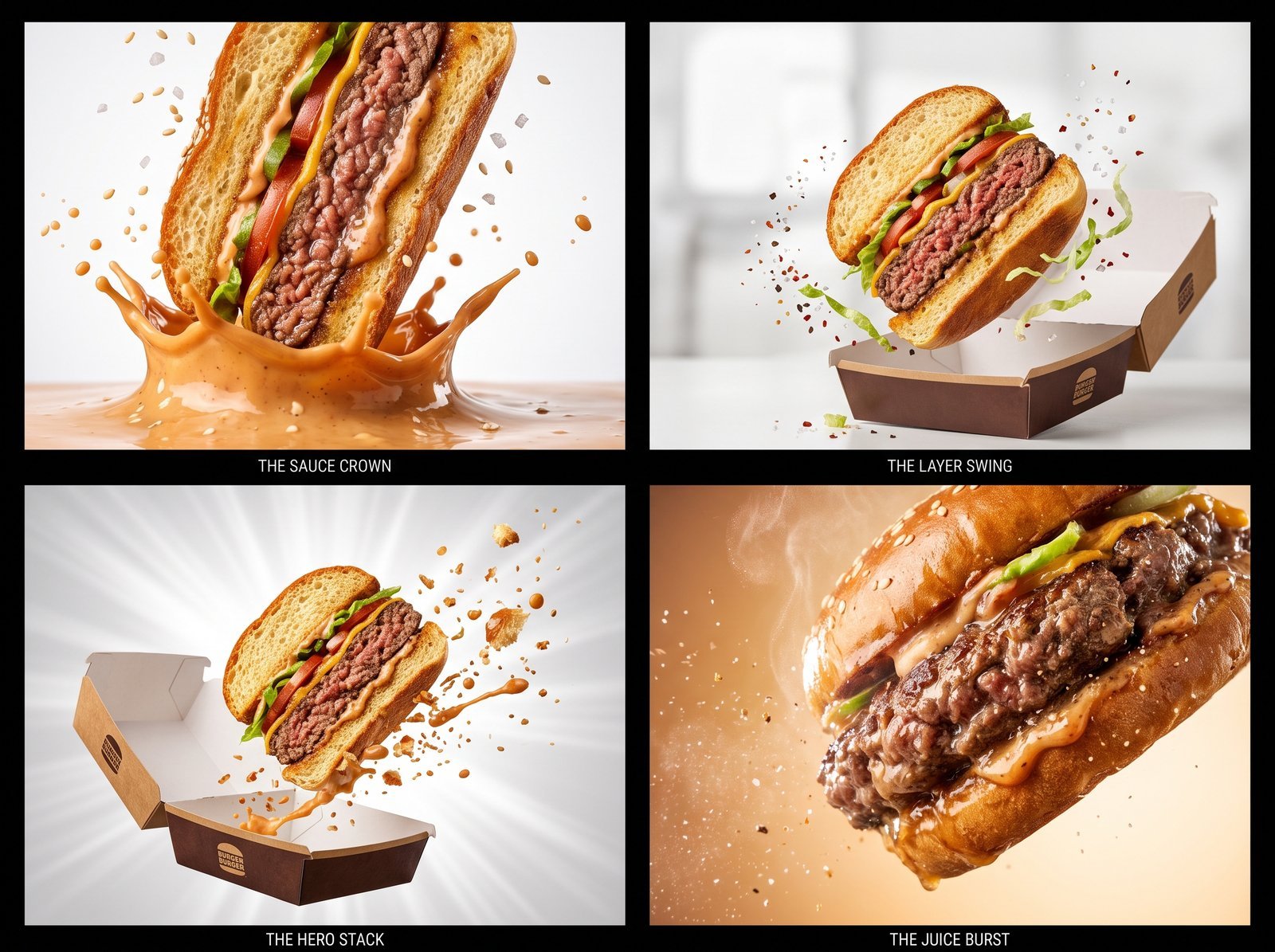 { "project": { "title": "Hyper-Visual Burger Macro Series", "version": "2.0_Structured_High_Speed", "target_aesthetic": "High-end…