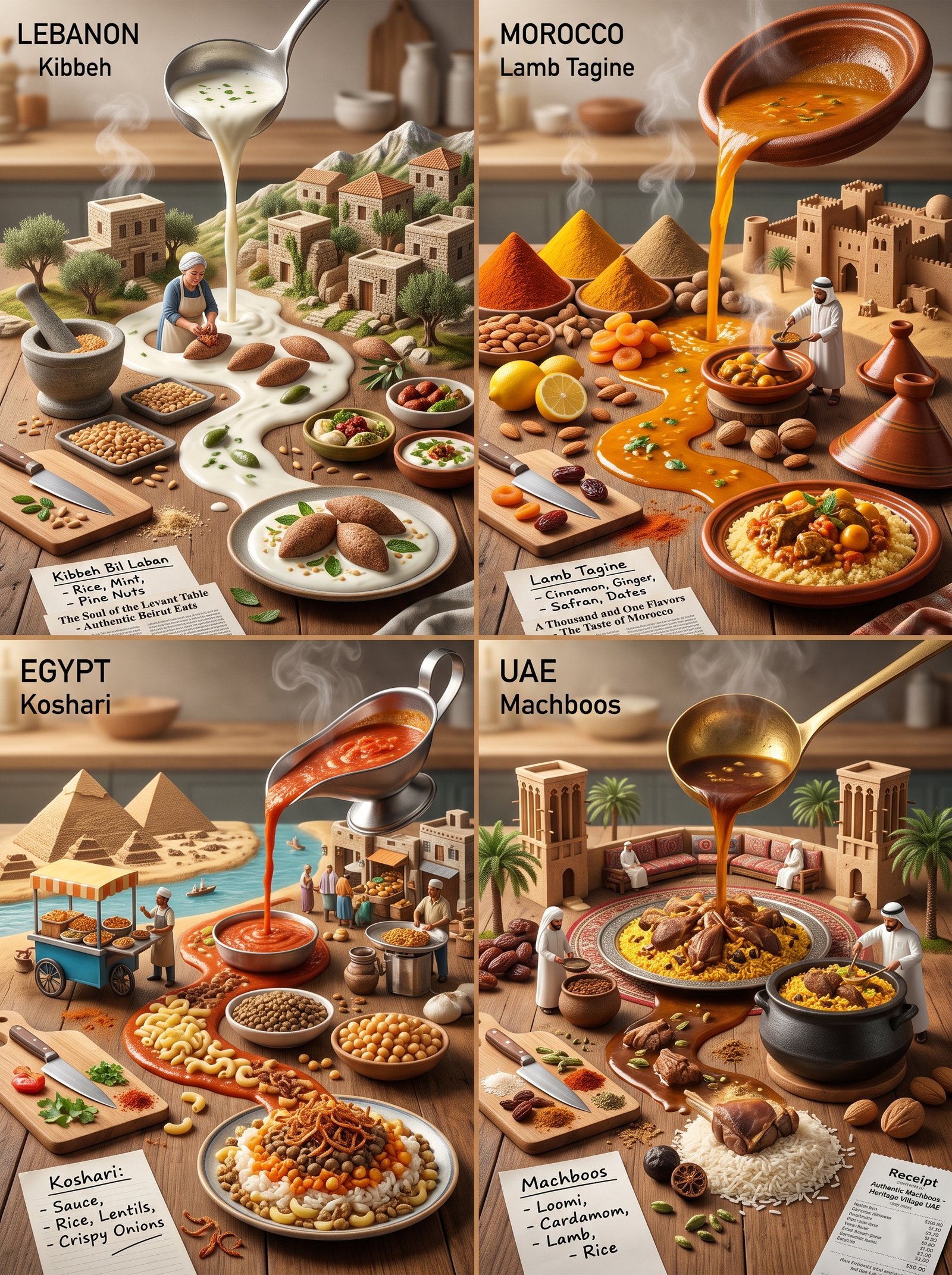 A 2x2 grid of four separate culinary-process dioramas, each a distinct panel with a thin clean divider. Each panel is a "sauce pour…