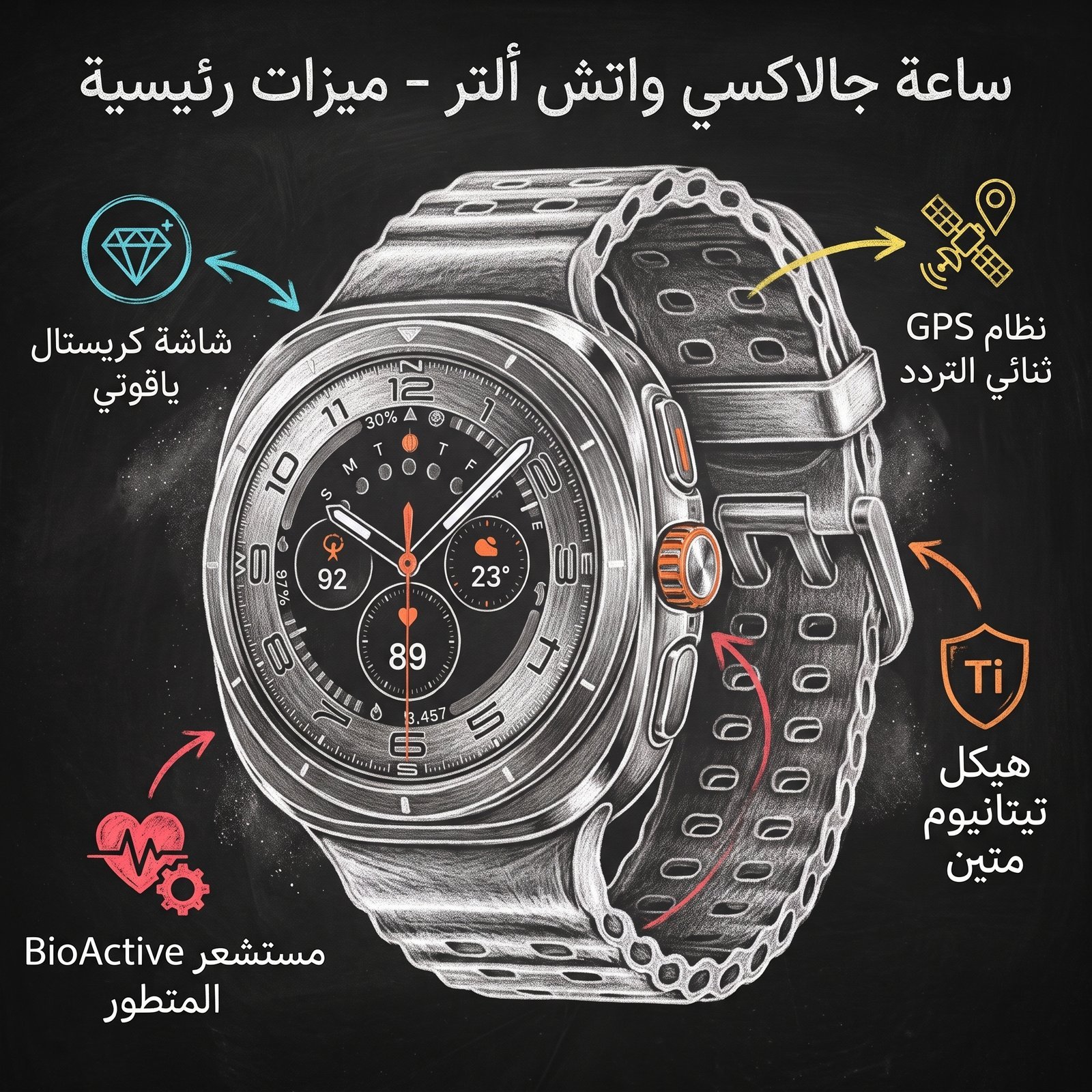 Generate a clean hand-drawn chalkboard infographic based ONLY on the latest Samsung Galaxy Watch (e.g., Watch 7 Ultra). Preserve its exact…