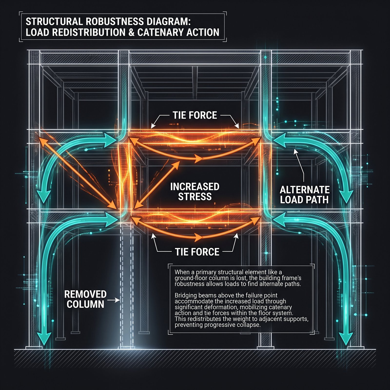 Structural robustness diagram of a building frame with one ground-floor column removed (shown faded/missing), illustrating how loads…