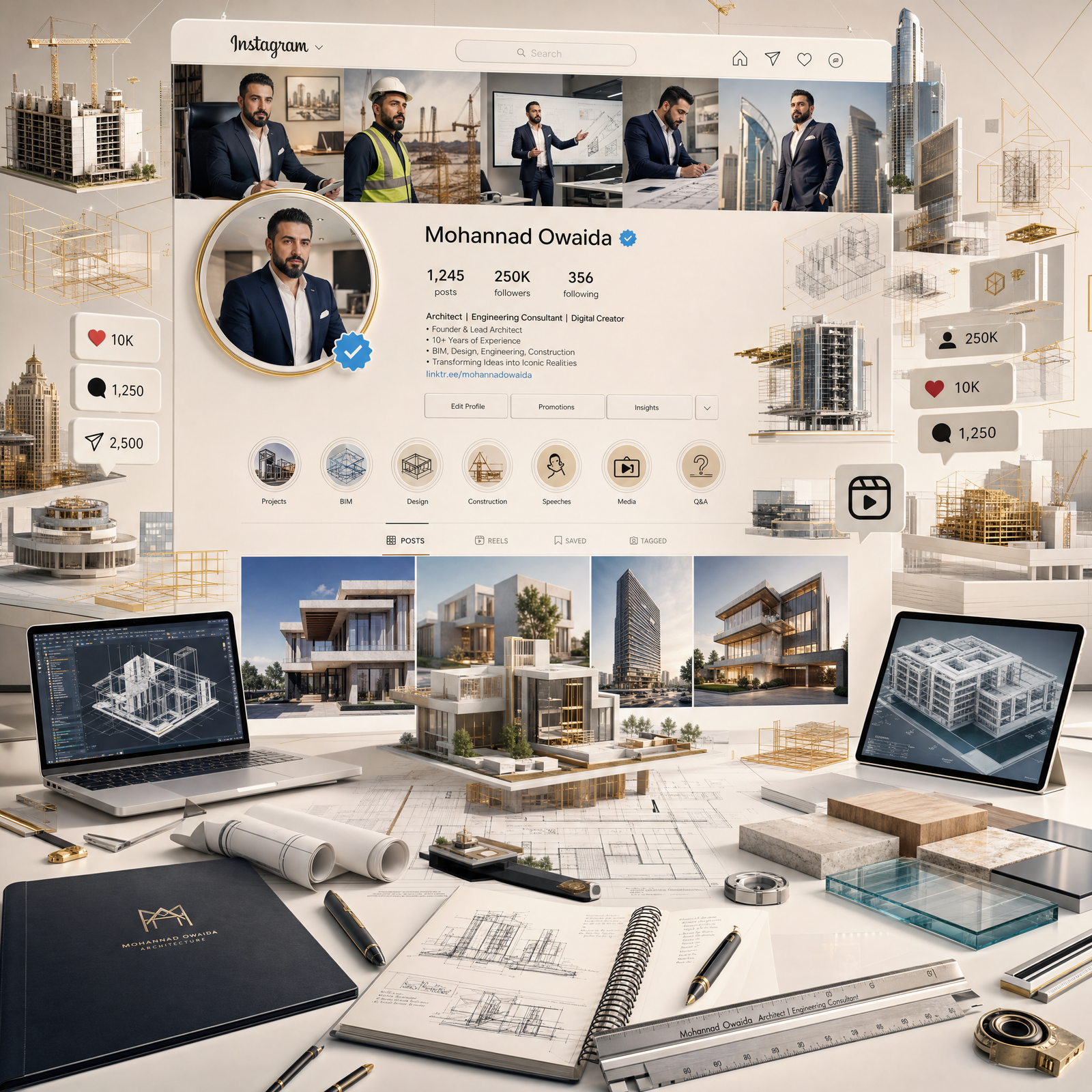 Create an ultra-detailed 3D luxury social media profile showcase inspired by an Instagram profile for "Mohannad Owaida", a premium…