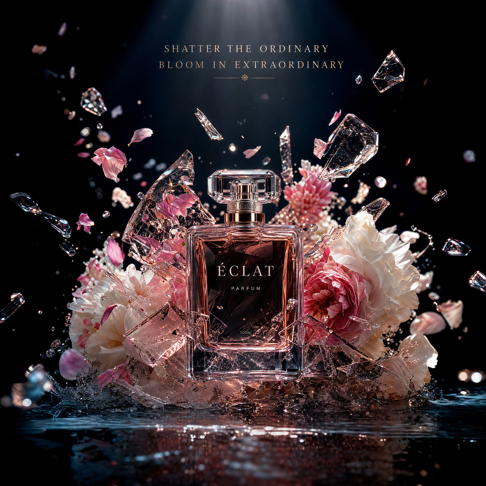 Ultra-luxury perfume advertisement, a glass perfume bottle at center mid-shatter, the shattered glass fragments transforming into blooming…