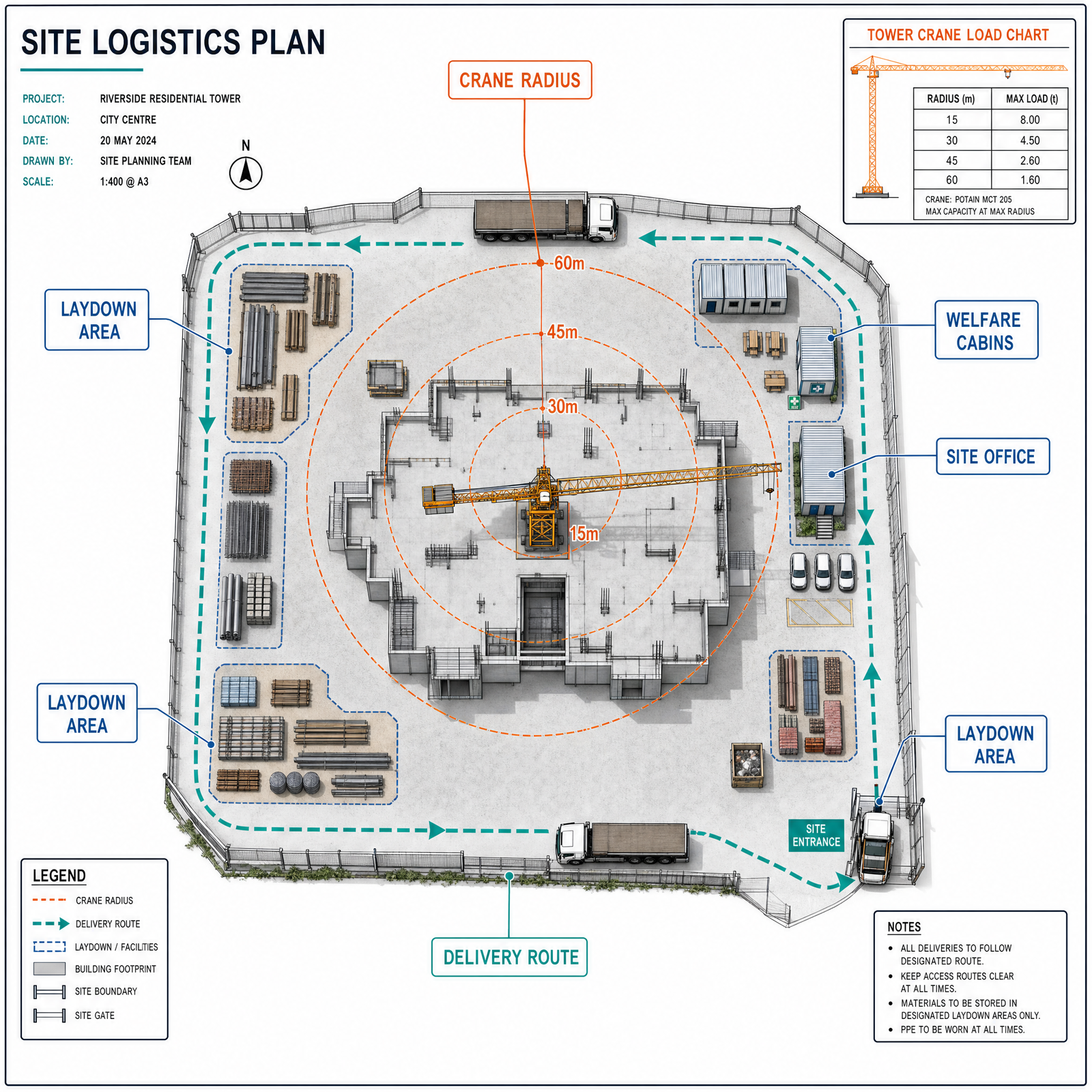 Top-view site logistics plan illustration of a construction site: tower crane at center with its working radius shown as concentric…