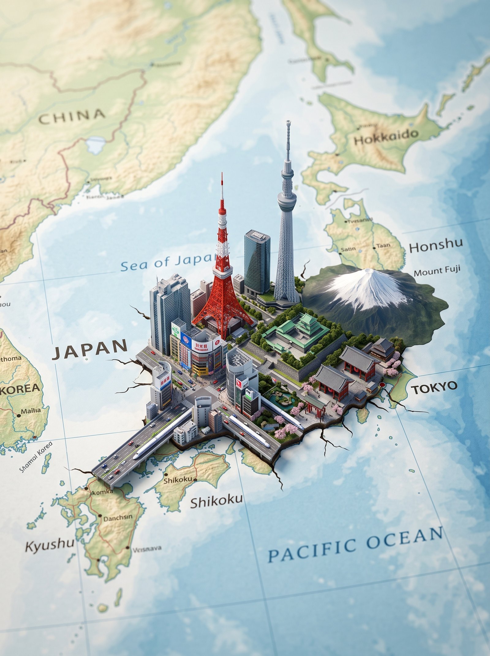 A realistic, highly detailed geographic map viewed from above, accurately representing the region where [COUNTRY] is located. Rising from…