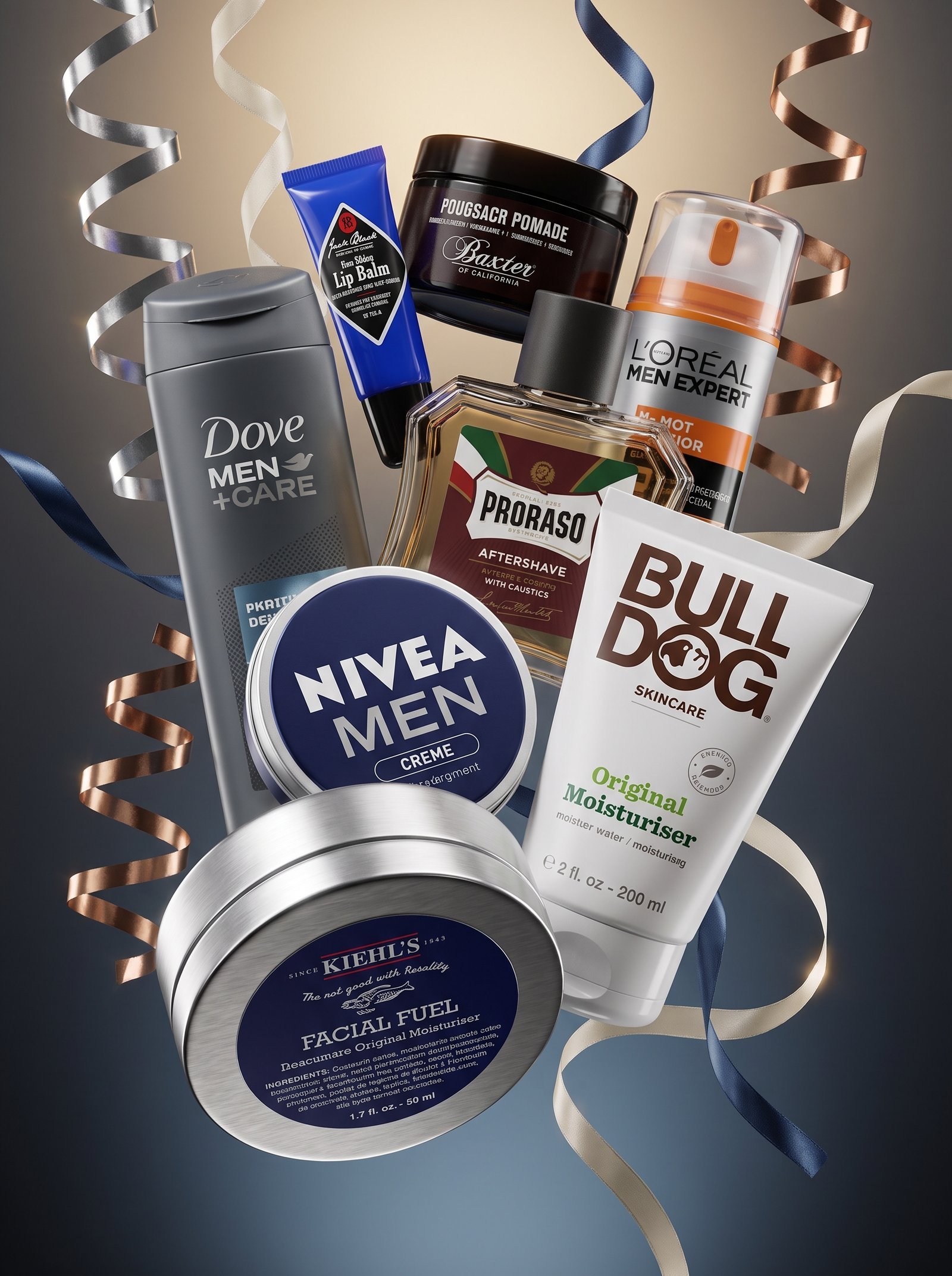 Extreme close-up, highly detailed Blender + Octane render of the attached product images arranged as a dense, overlapping 3D floating…