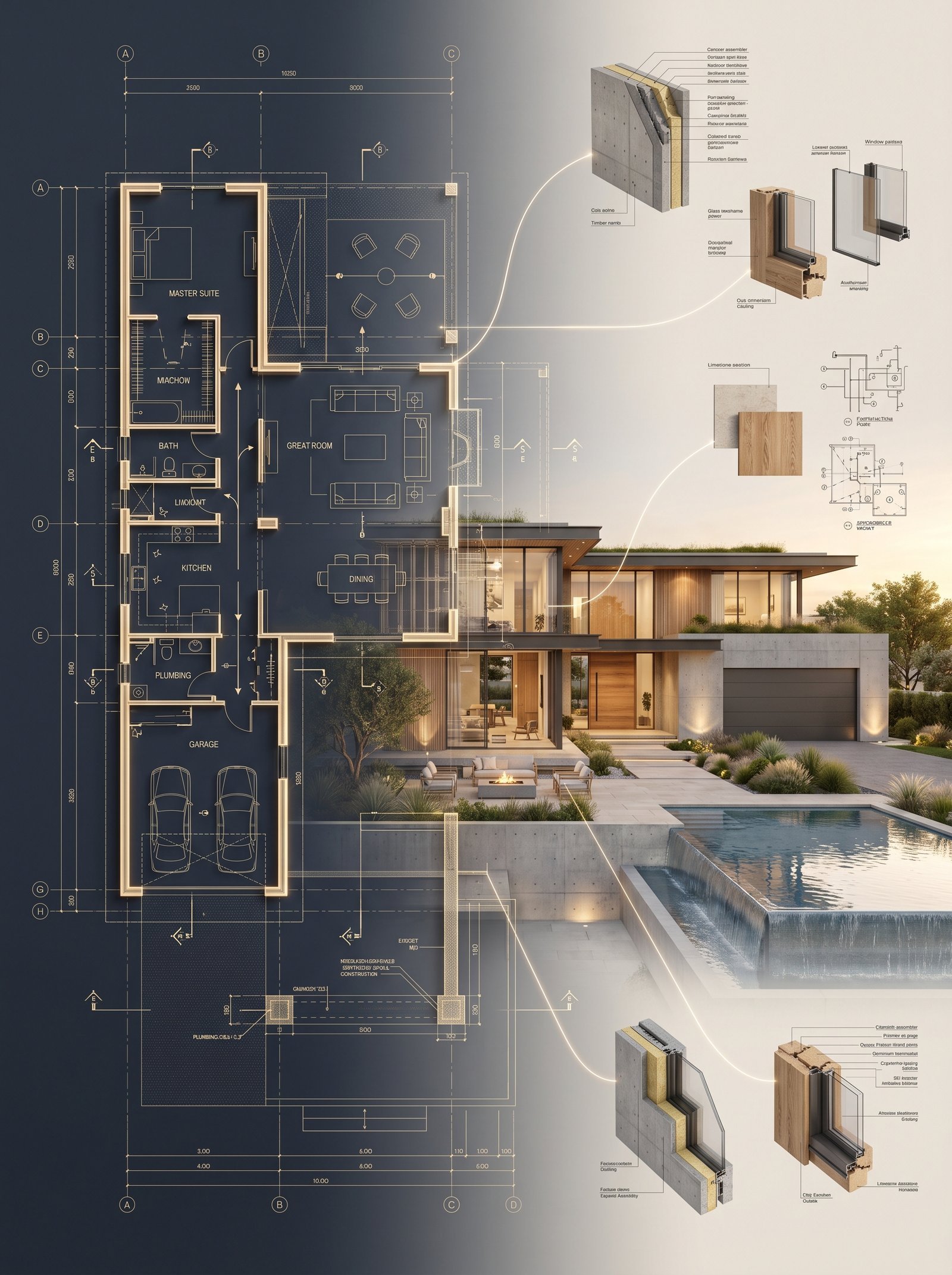 Create a premium architectural visualization illustrating the seamless transformation from concept to reality. The composition features a…
