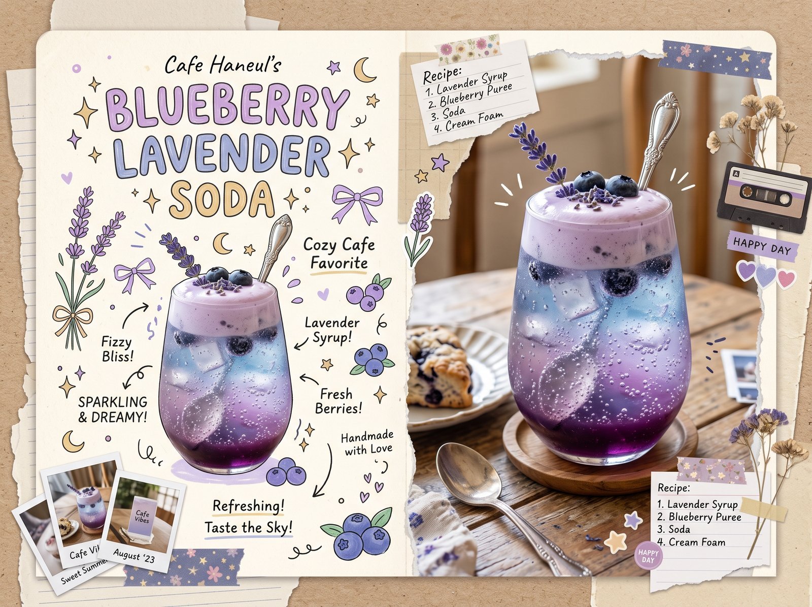 Vintage-inspired blueberry lavender soda scrapbook poster, dreamy artisanal cafe advertisement aesthetic, sparkling layered blueberry soda…
