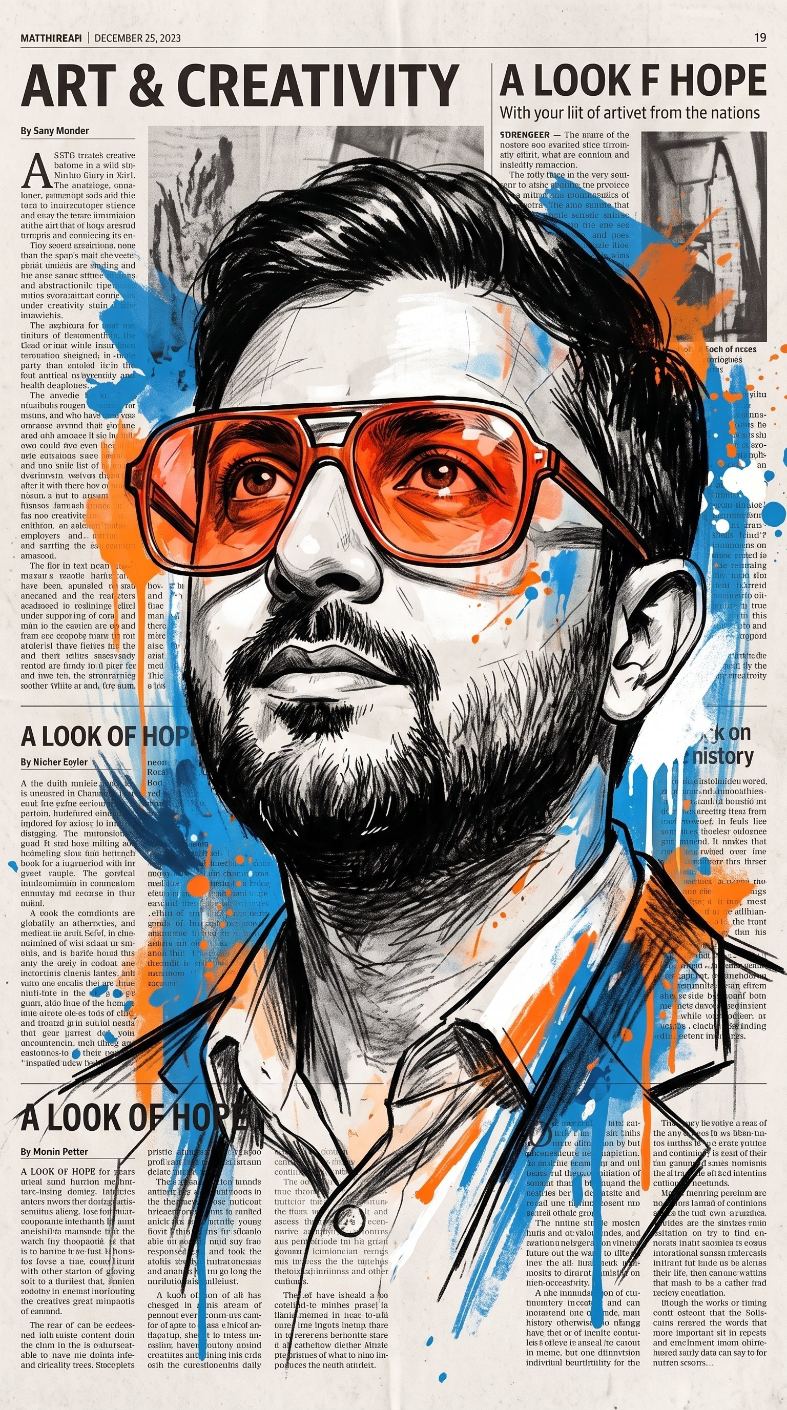 Vibrant expressive portrait of a man looking upwards with wonder, wearing oversized bright orange-red glasses (glass light colour full…