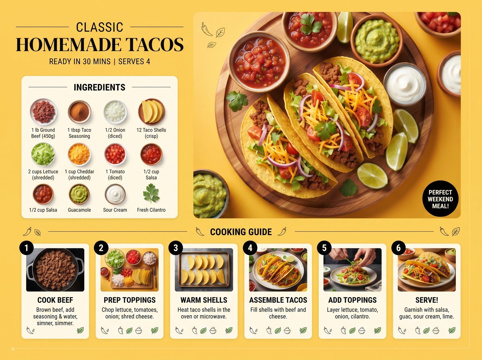 A premium recipe infographic poster featuring homemade tacos in a clean editorial food magazine layout. The design combines commercial food…