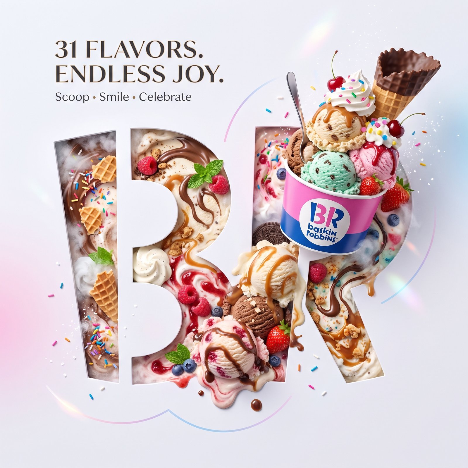 Create a premium luxury advertising poster for Baskin-Robbins featuring a signature ice cream scoop collection served in the iconic…
