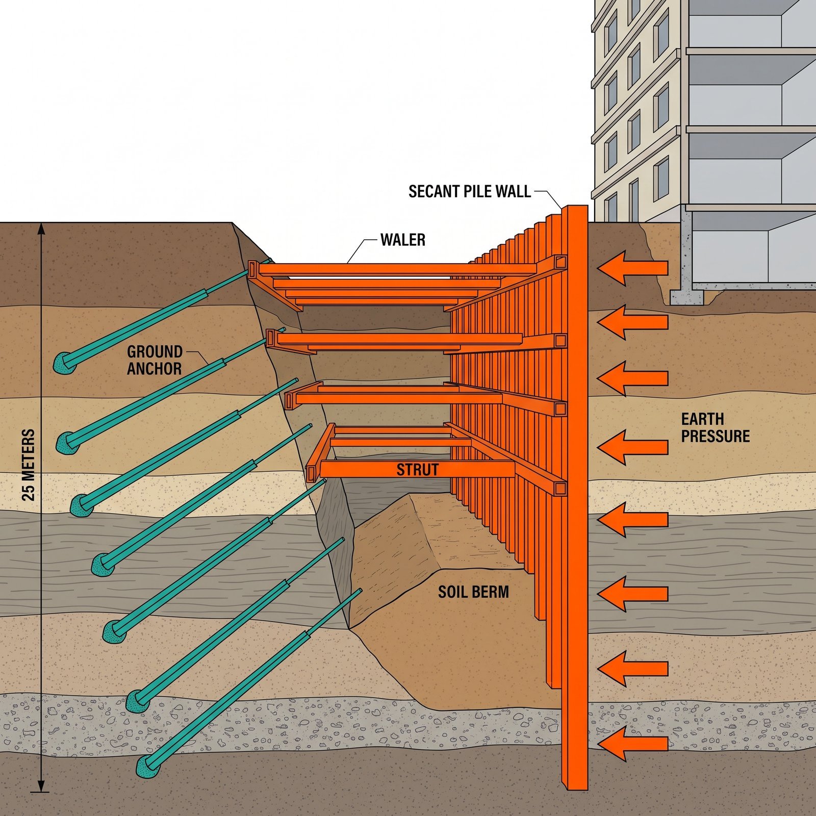 Detailed cross-section illustration of a deep excavation support system beside an existing building: secant pile retaining wall, multiple…
