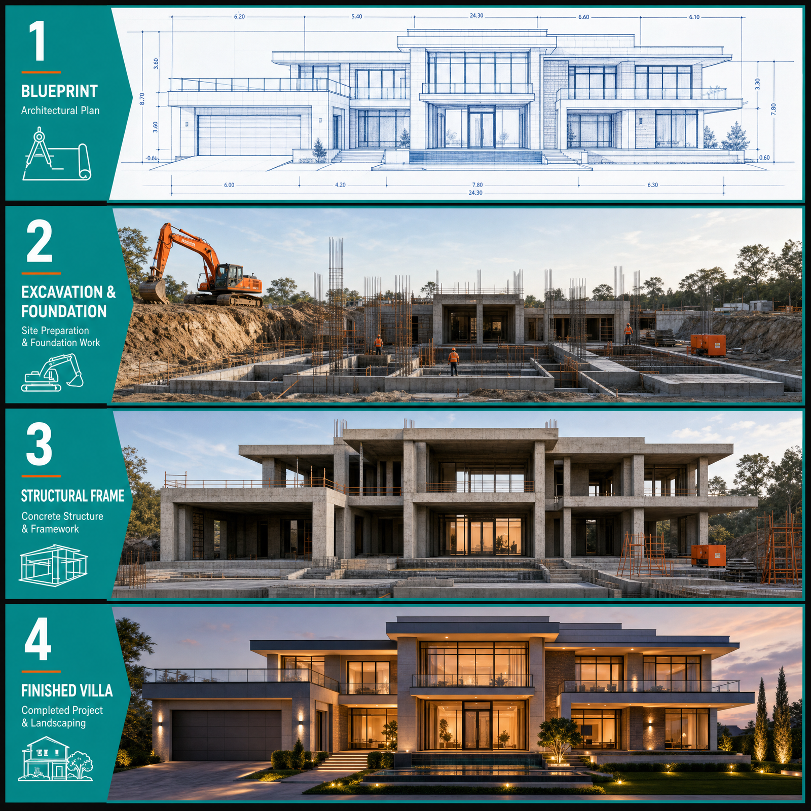 Four-panel architectural progression of the exact same modern luxury villa from an identical camera angle: panel 1 a 2D architectural…