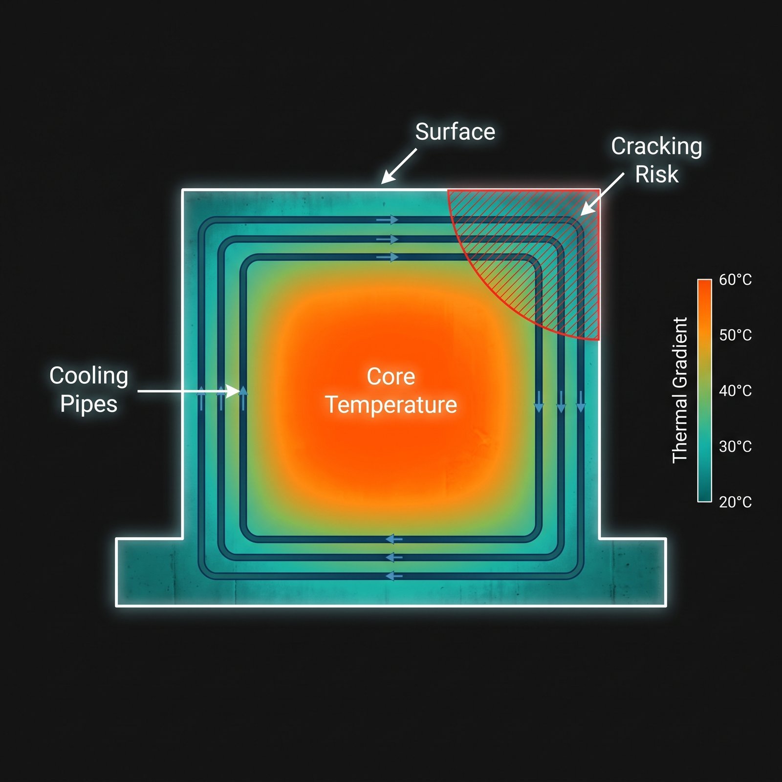 Scientific thermal visualization of a massive concrete foundation pour cross-section showing the internal temperature gradient as a…