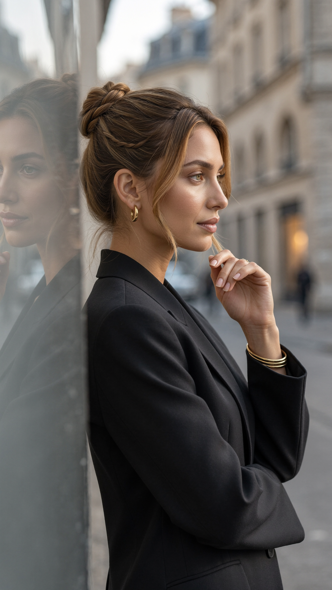 Elegant woman with dark hair in a sleek bun, wearing a structured oversized black blazer, standing on a quiet european street, soft ambient…