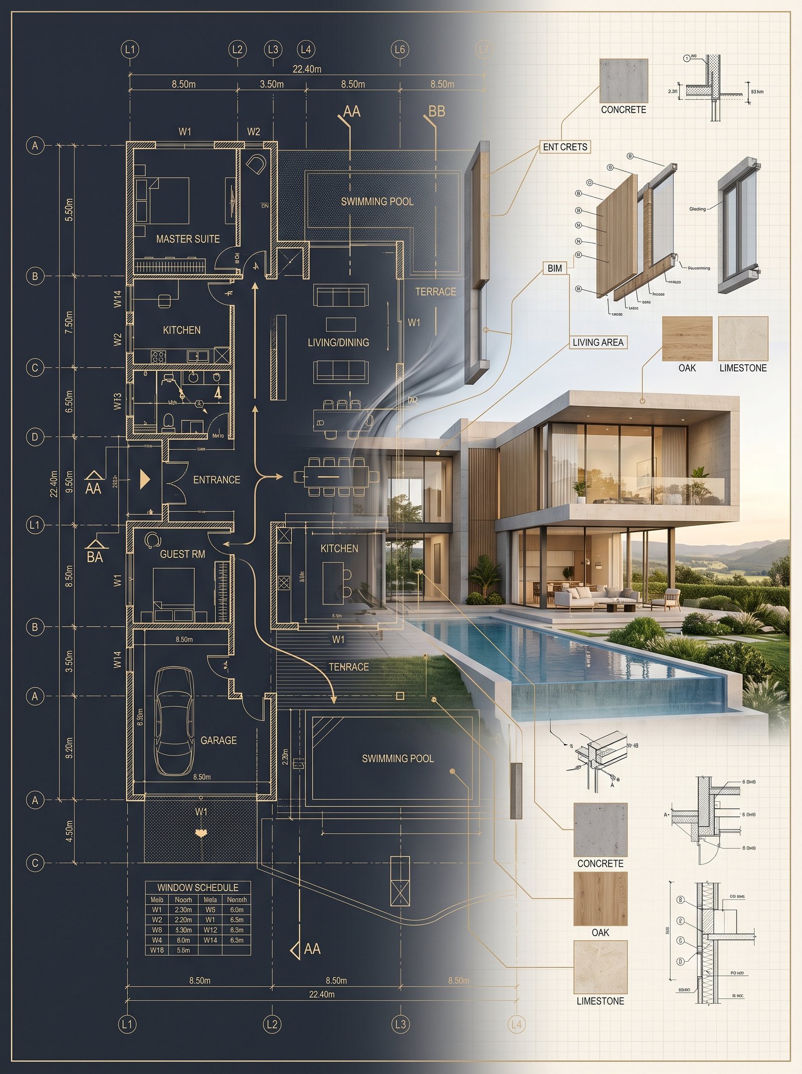 Create a premium architectural visualization illustrating the seamless transformation from concept to reality. The composition features a…
