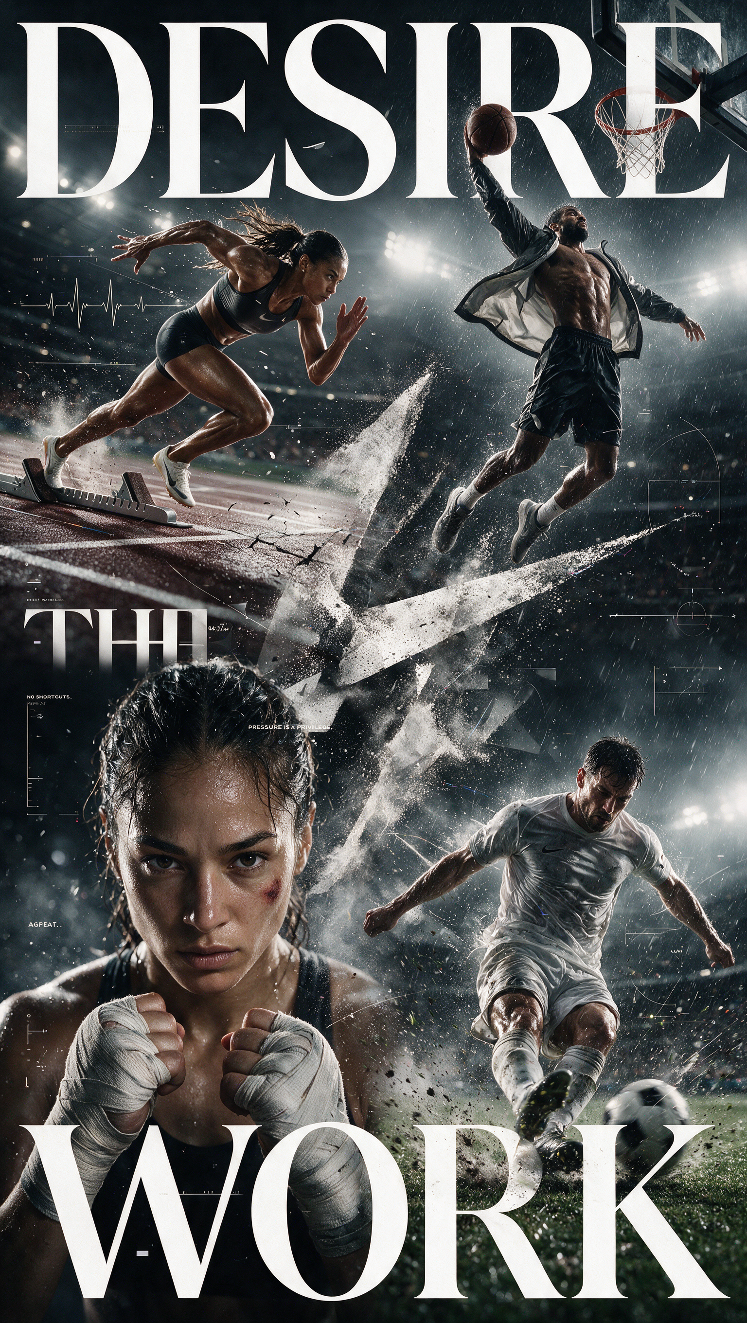 Create a hyper-realistic luxury global sportswear campaign poster titled: "DESIRE THE WORK." CRITICAL DIRECTION: This is NOT a sportswear…