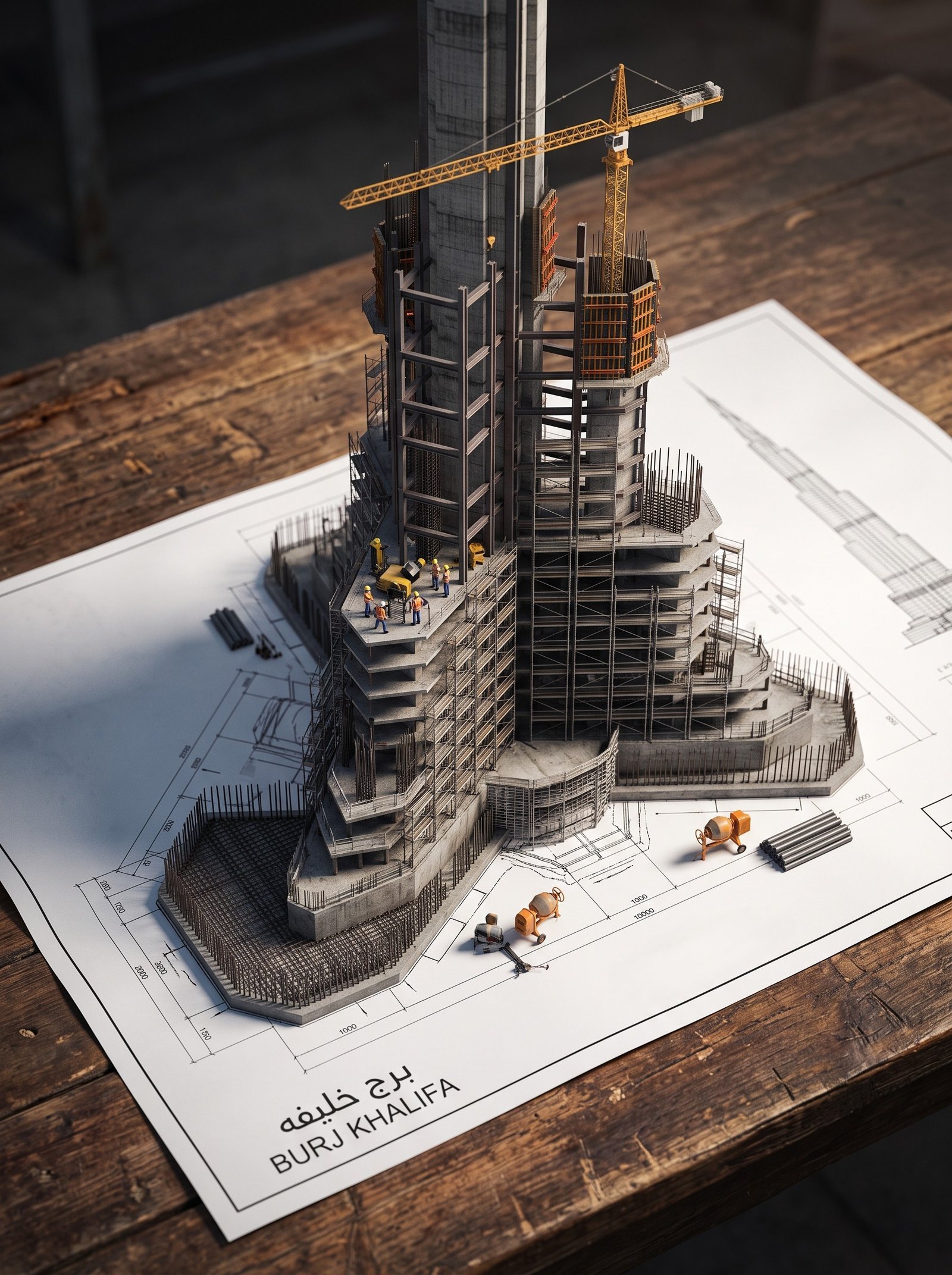 An architectural blueprint of [BUILDING_NAME] placed on a {SURFACE}, with a photorealistic miniature under-construction version of…