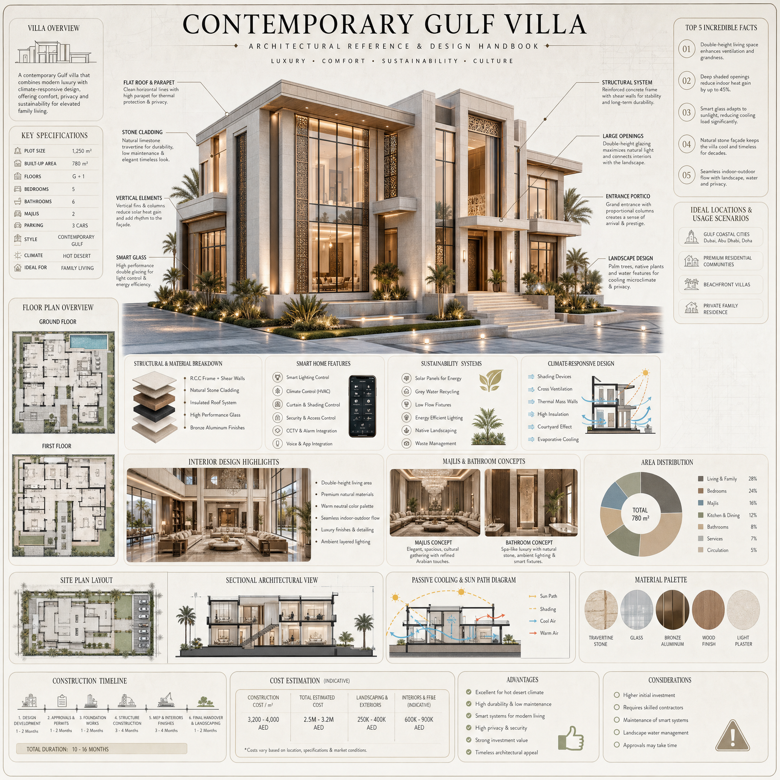 Create a premium square "reference-style architectural infographic" centered around a luxurious contemporary Gulf-style two-story villa…