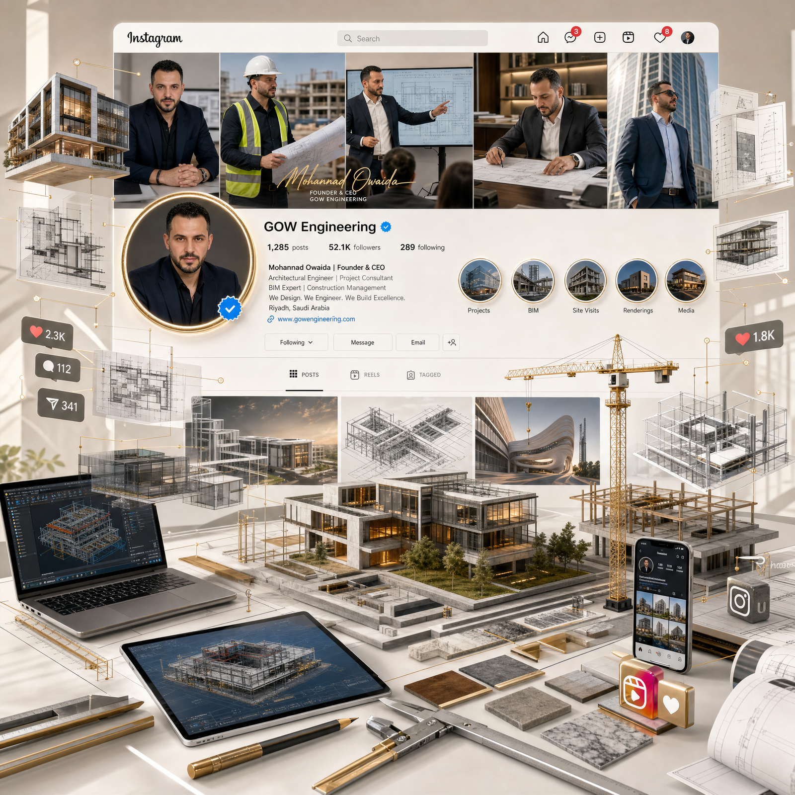 Create an ultra-detailed 3D luxury social media showcase inspired by the official Instagram profile of "GOW Engineering", a world-class…