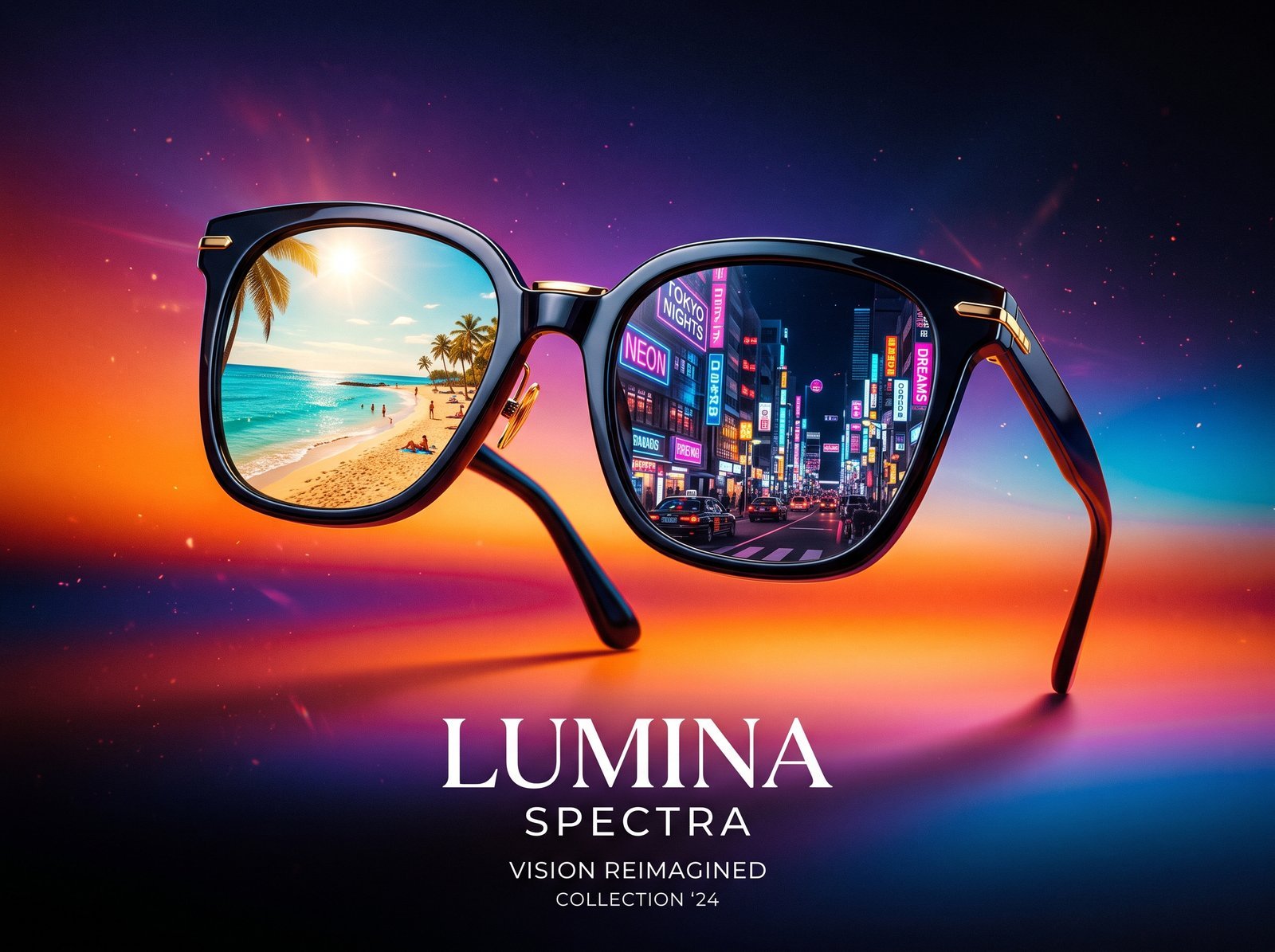 Fashion sunglasses advertisement, a stylish pair of sunglasses where each lens reflects a different world (one lens a sunny beach, the…