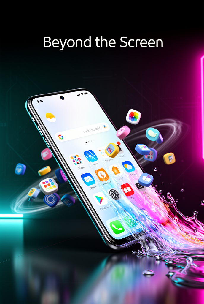 Sleek smartphone advertisement, a premium phone held at an angle where the screen content pours out of the edge like liquid light, app…