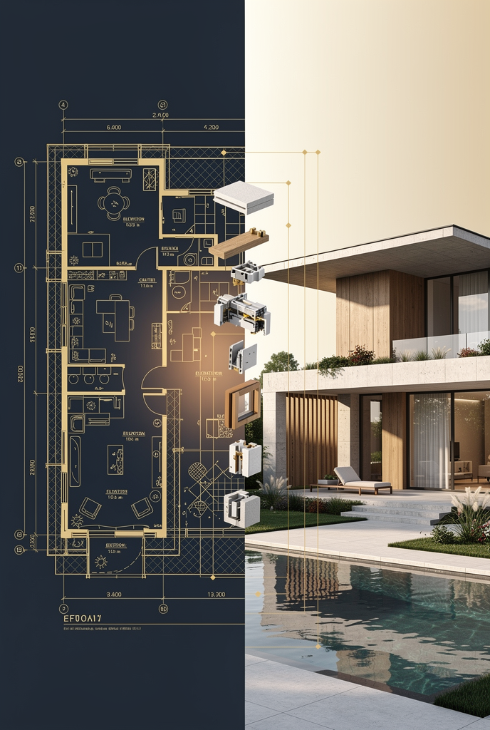 Create a premium architectural visualization illustrating the seamless transformation from concept to reality. The composition features a…