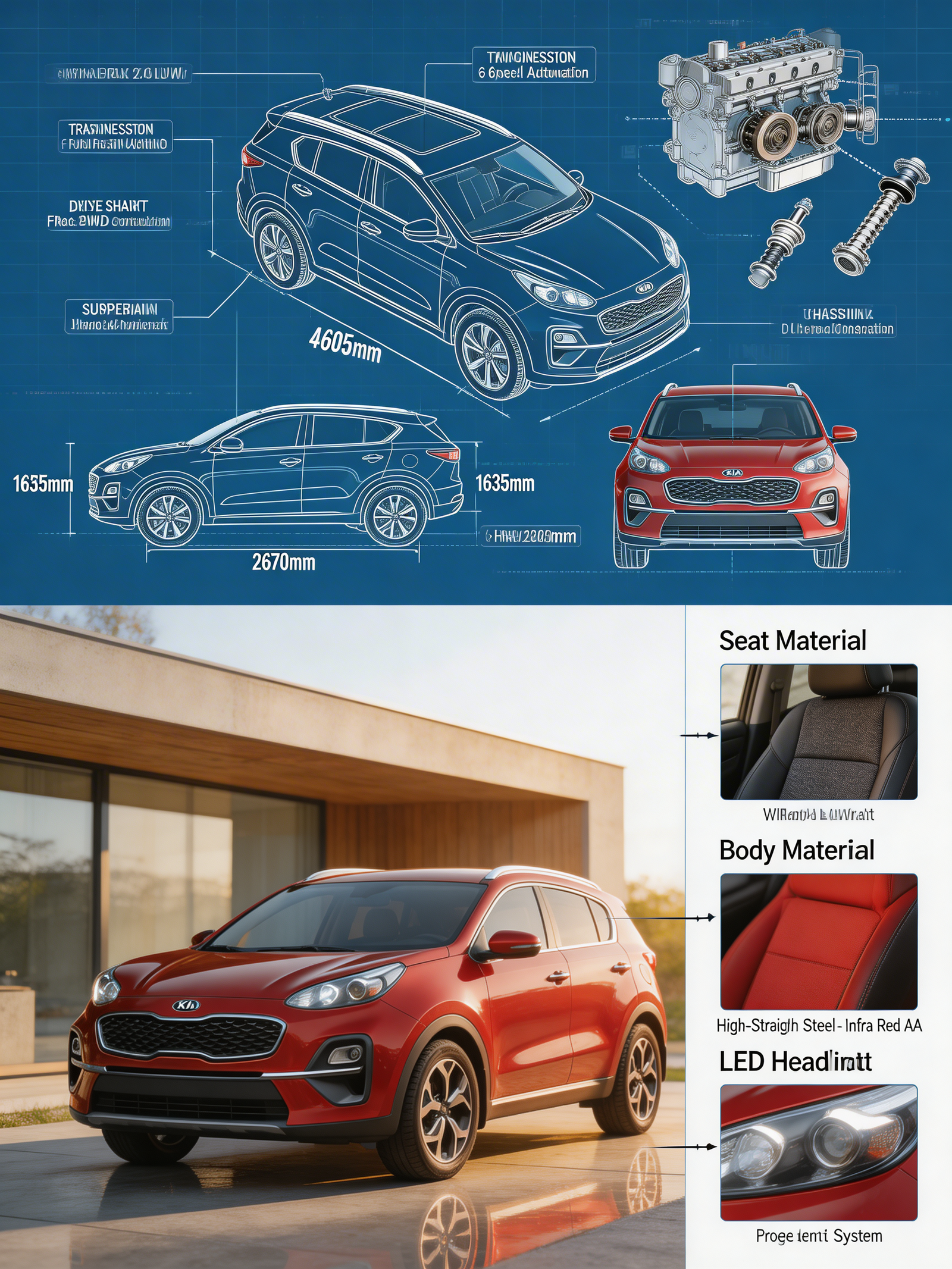 Create a premium split composition showing a detailed automotive blueprint (top) and a perfectly matching real-world car with material…