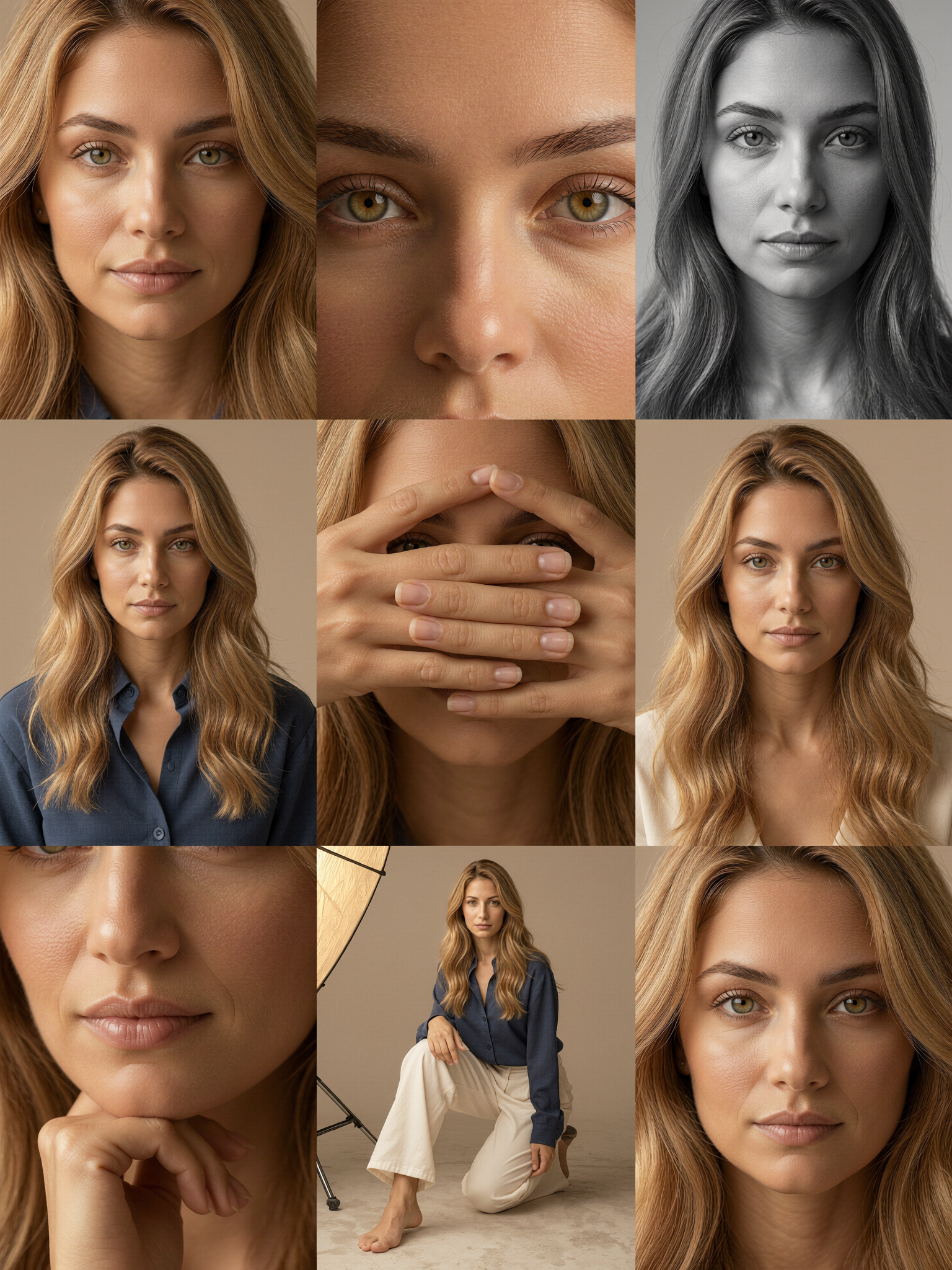 Build a 3x3 grid of fine-edited photos in a soft beige studio The character wears a dark blue light shirt, rice-white trousers, and…