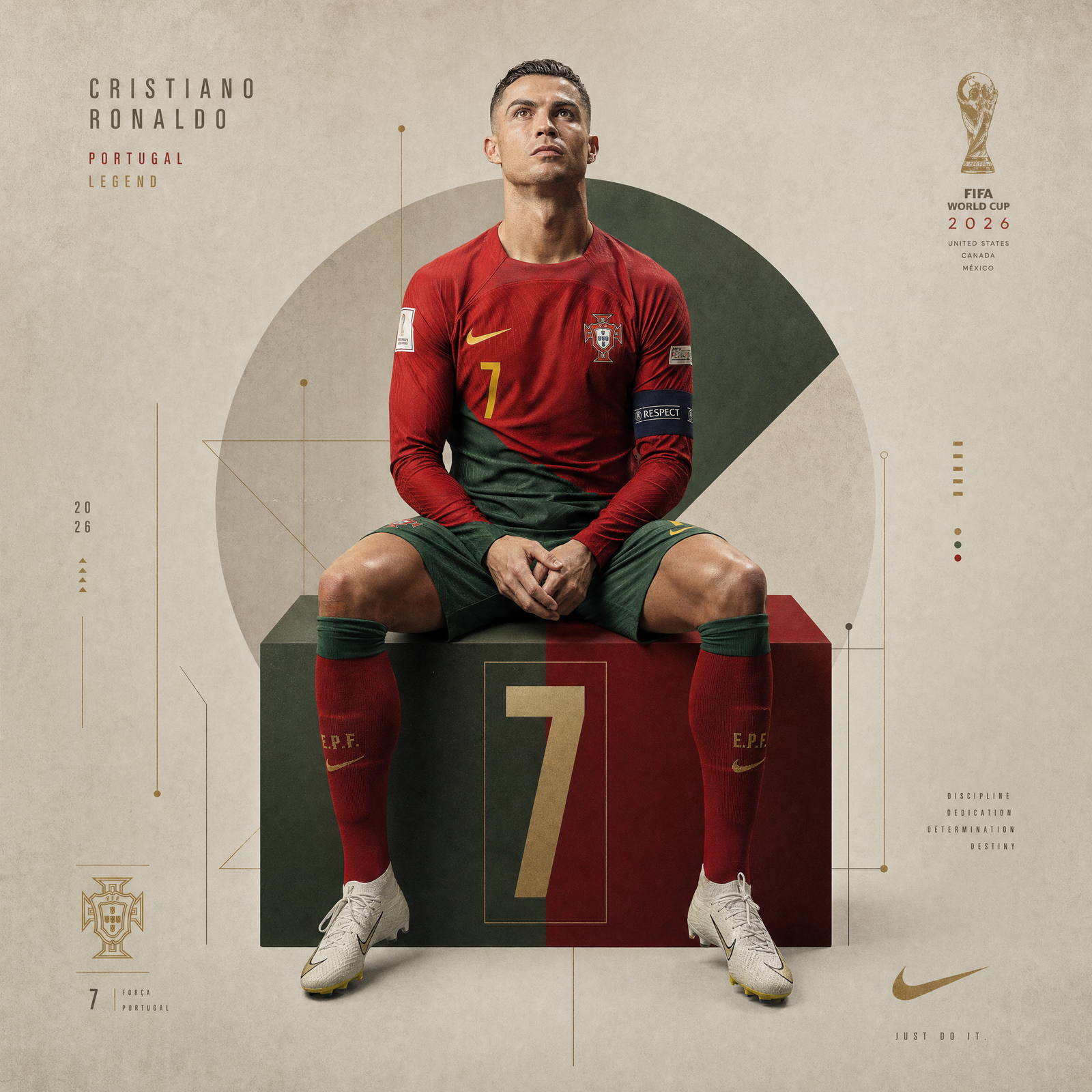 Ultra-detailed football portrait poster of a legendary Portuguese footballer sitting on a geometric cube with the number 7, wearing a…