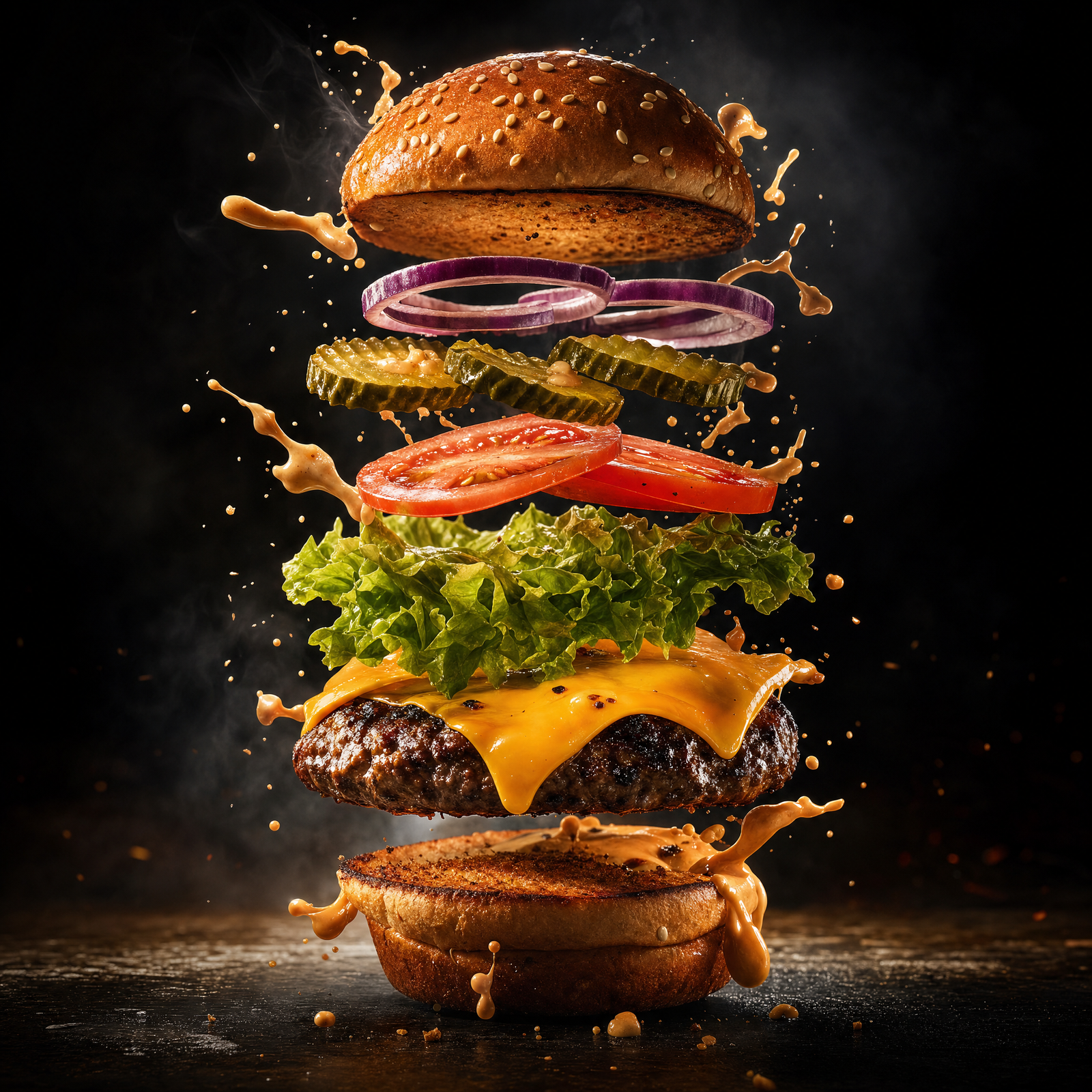 Bold fast-food advertisement, a gourmet burger with all its ingredients exploding apart and suspended in mid-air in perfect stacked order…