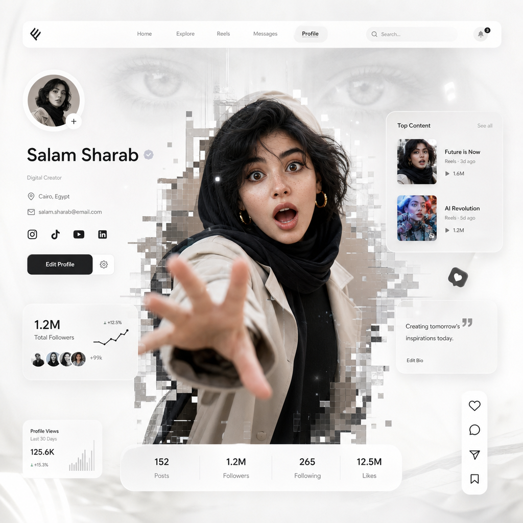 A futuristic social media profile UI in a clean white minimal aesthetic, inspired by modern app interfaces. In the center, a young woman…