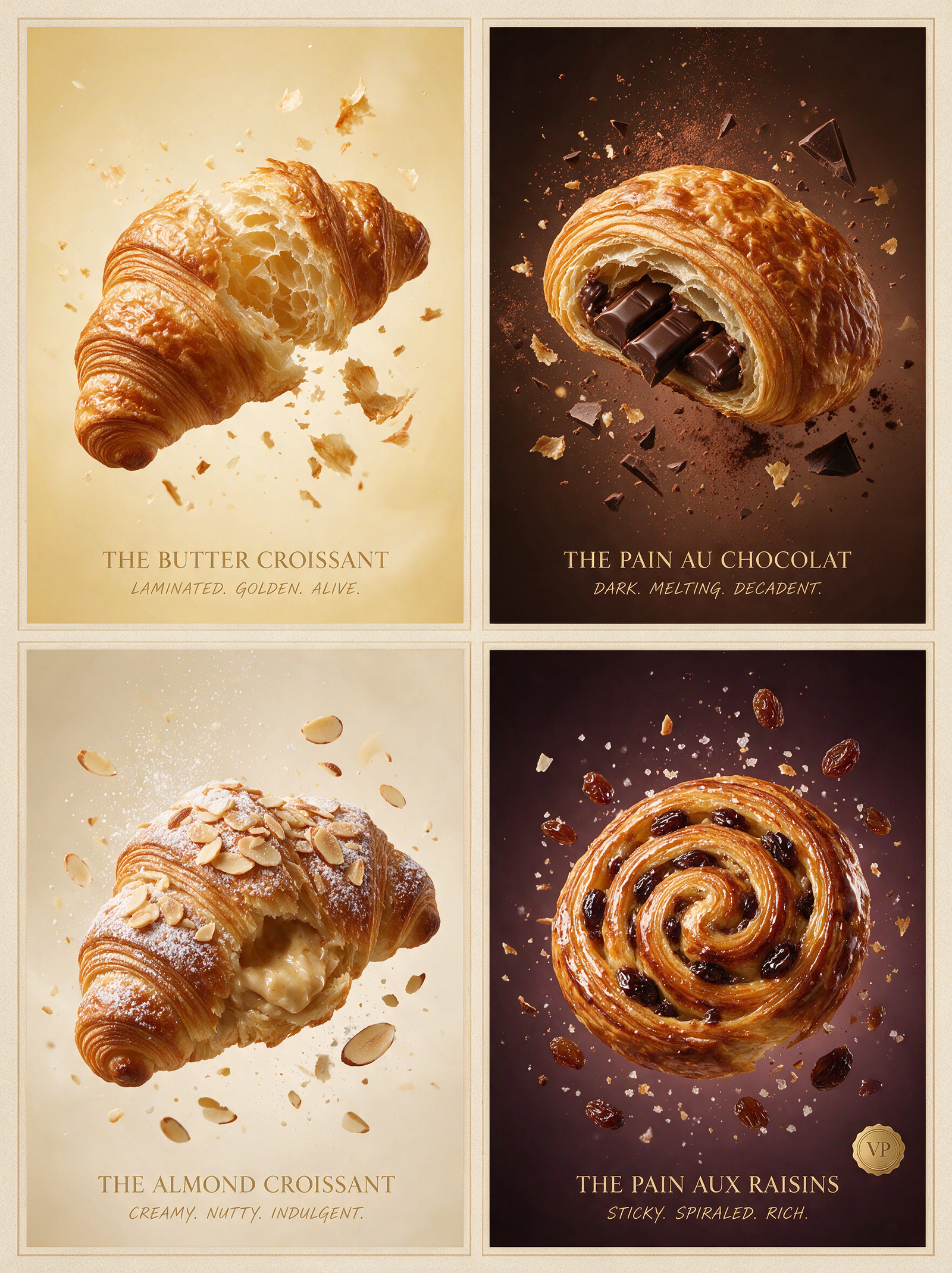 Create an ultra-premium vertical 4-panel viennoiserie campaign board, preserving the same refined 2x2 editorial grid and the same floating…