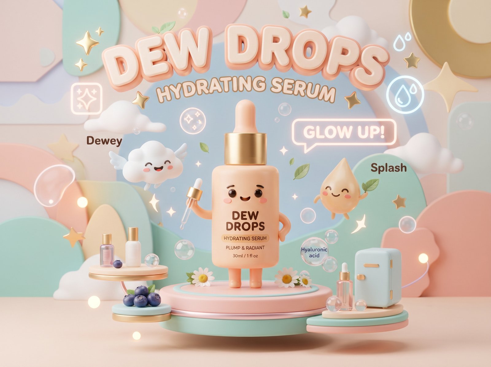 [Subject] transformed into a miniature brand universe. The product is the hero character, surrounded by floating icons, cute companions…