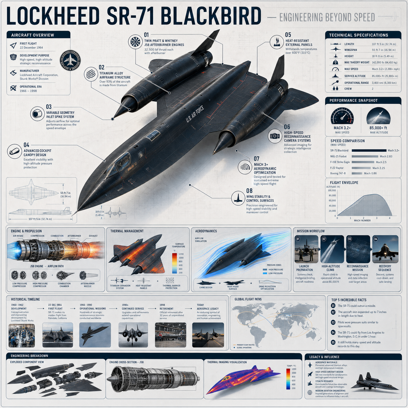 Create a premium square aerospace reference infographic titled: "LOCKHEED SR-71 BLACKBIRD — ENGINEERING BEYOND SPEED" FORMAT: 1:1 square…