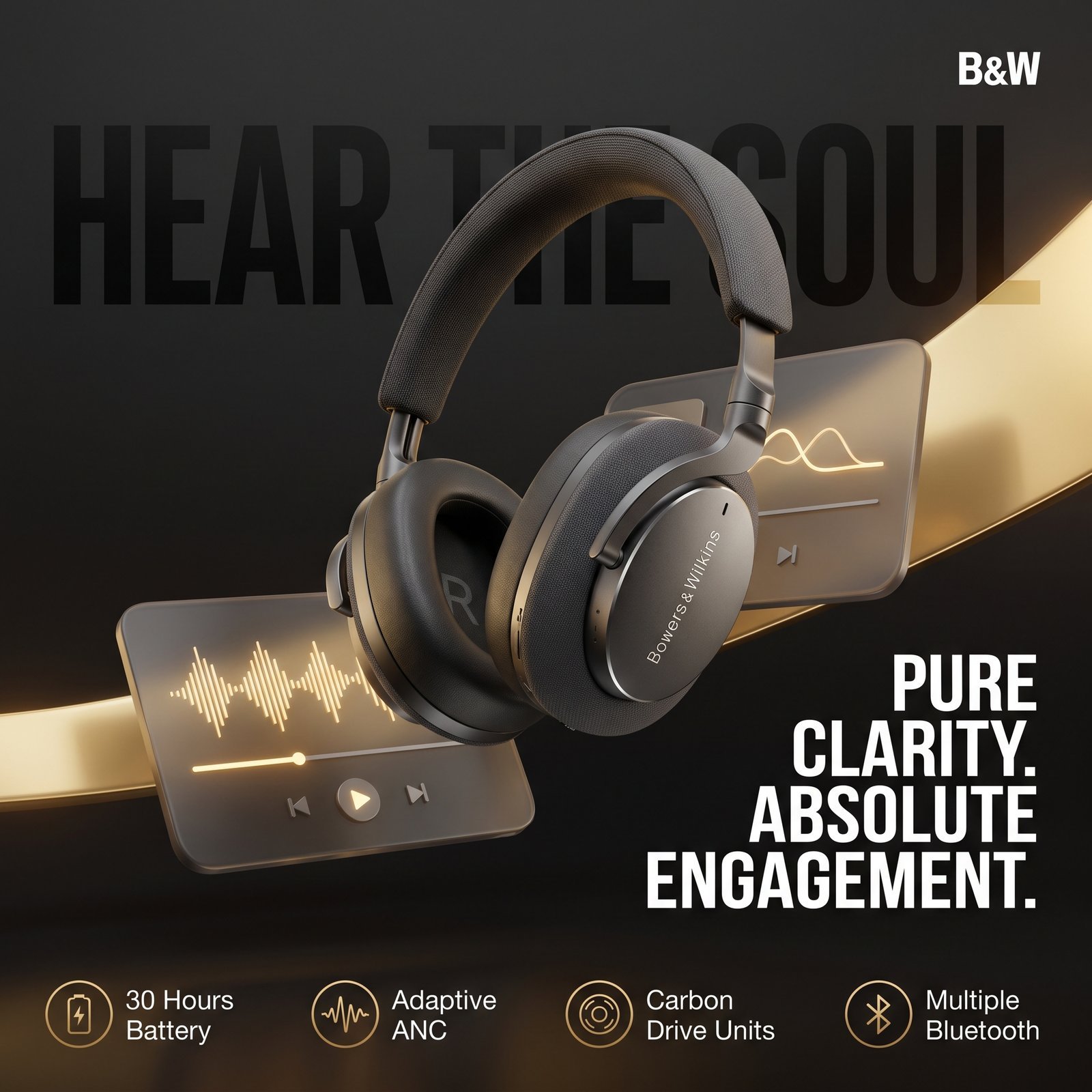 Ultra-premium commercial product advertisement featuring the sleek Bowers & Wilkins Px7 S2 over-ear headphones, in a refined charcoal gray…