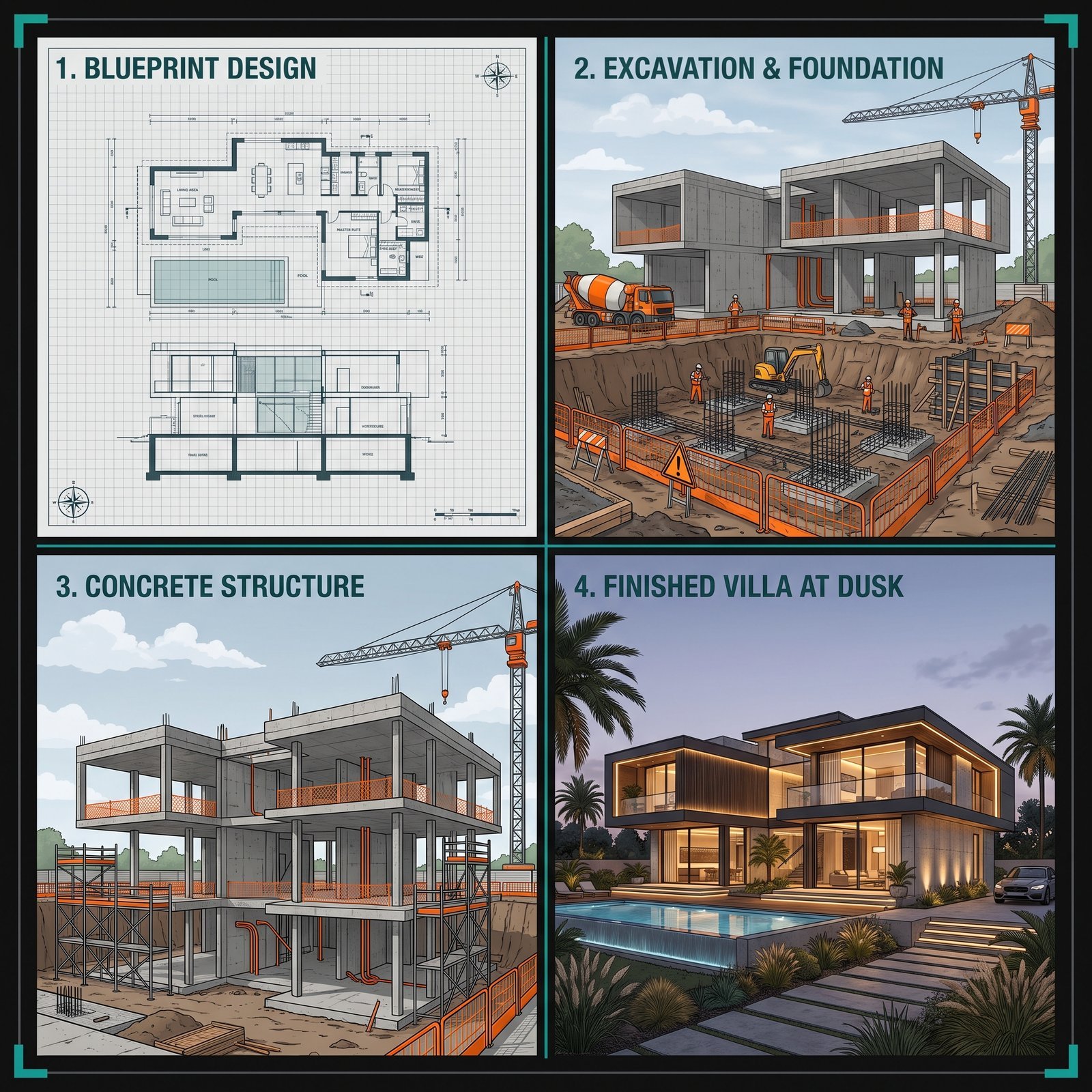Four-panel architectural progression of the exact same modern luxury villa from an identical camera angle: panel 1 a 2D architectural…