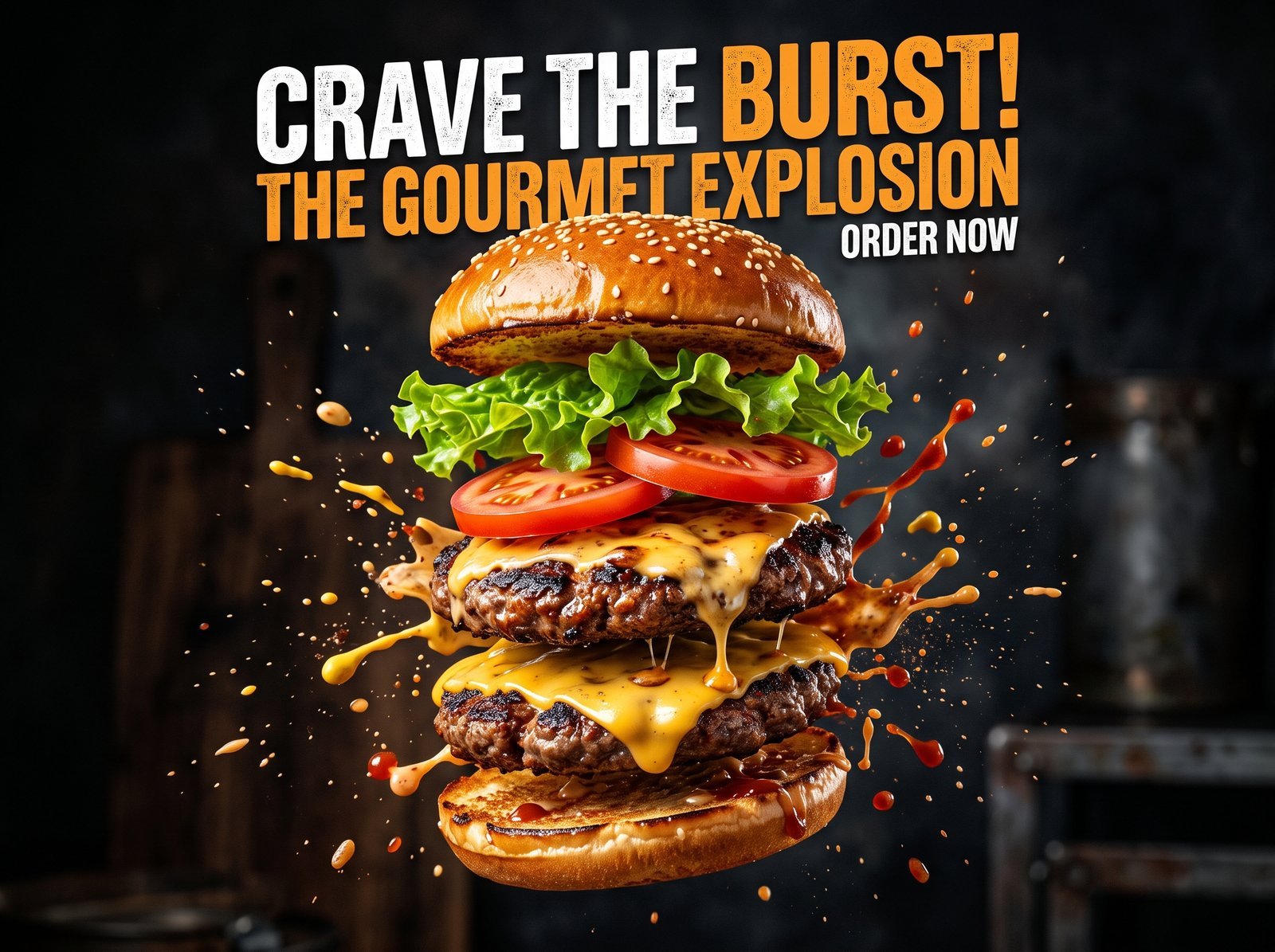 Bold fast-food advertisement, a gourmet burger with all its ingredients exploding apart and suspended in mid-air in perfect stacked order…
