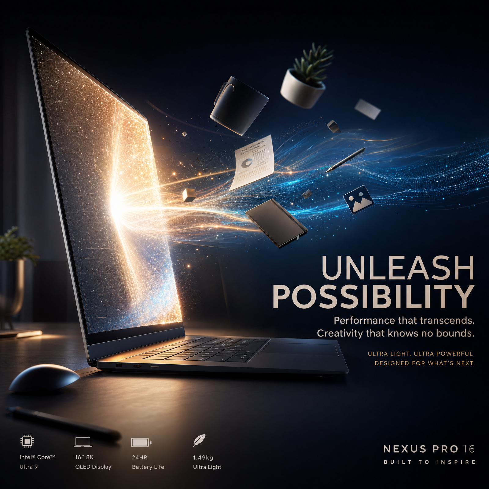 Modern laptop advertisement, a slim laptop opening at an angle where the screen becomes a glowing portal, light and digital particles…