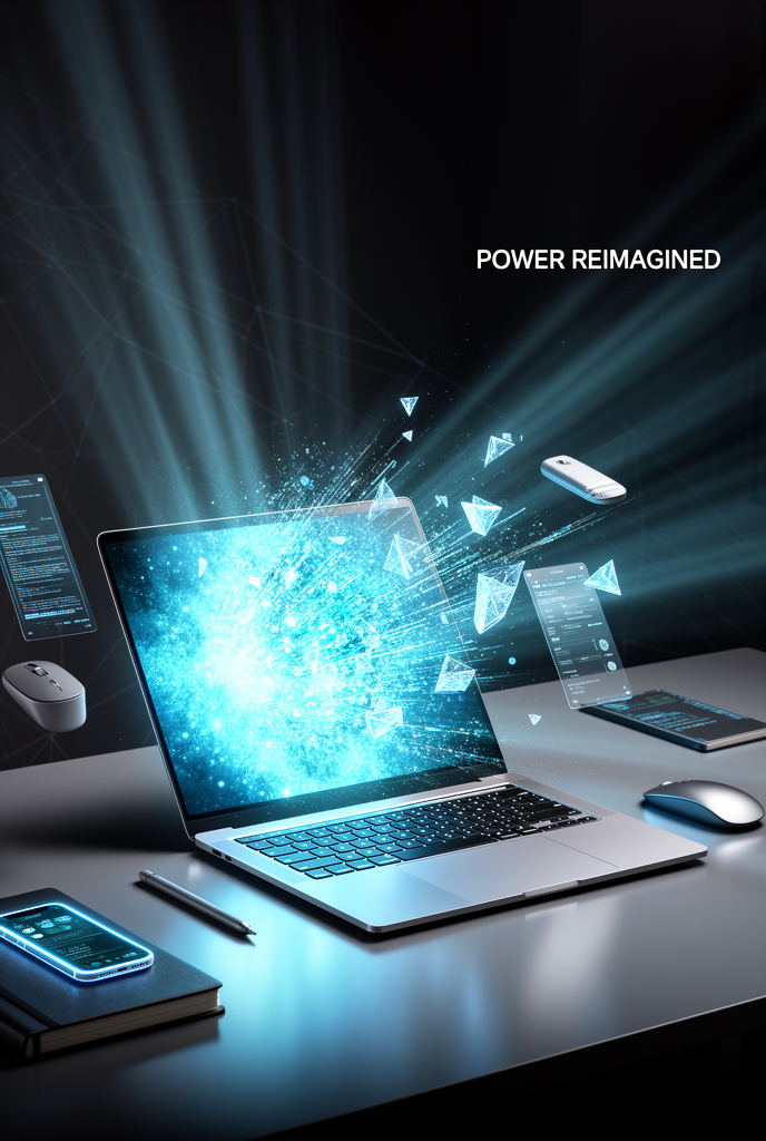 Modern laptop advertisement, a slim laptop opening at an angle where the screen becomes a glowing portal, light and digital particles…