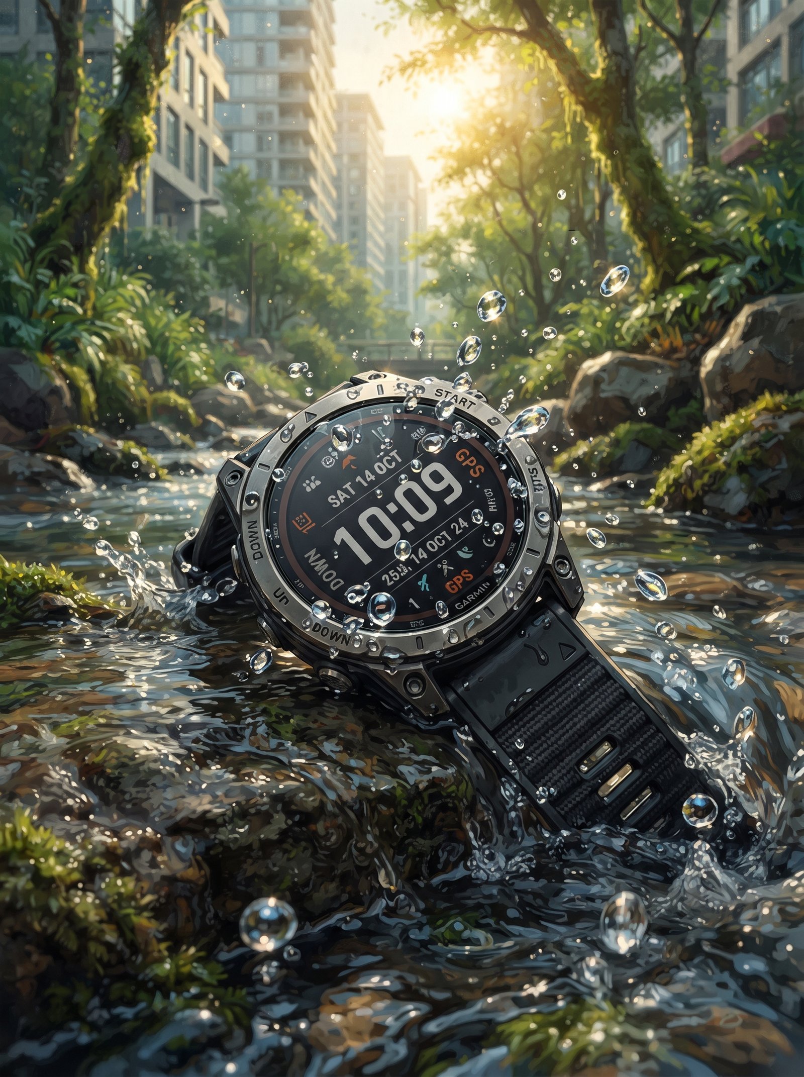 An artistic close-up illustration of a Garmin Tactix 7 Pro Solar watch resting on a damp rock surface amidst a luminous stream. Its…