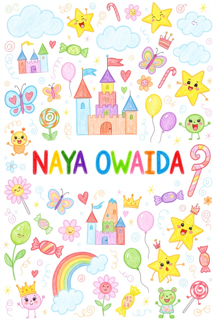 Rework the given image into a charming crayon-style illustration featuring the name "NAYA OWAIDA". Transform the entire scene into…