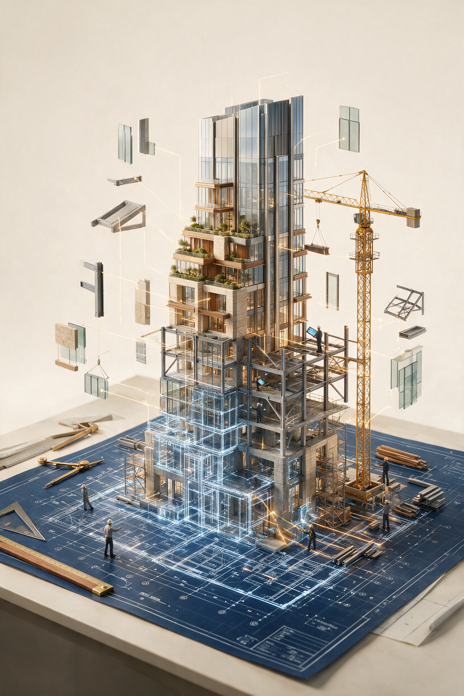 An ultra-premium architectural visualization featuring the master blueprint of {BUILDING_NAME} spread across a pristine architect's…