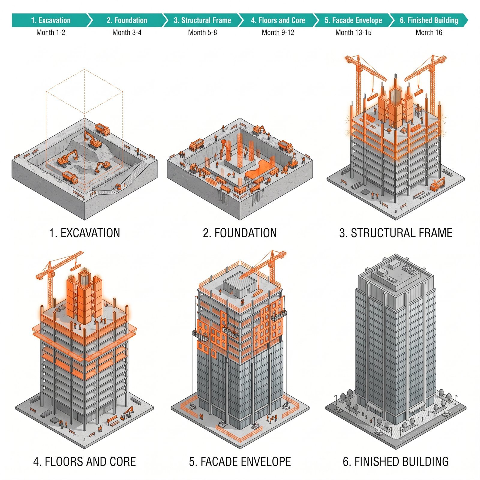 Sequential 4D construction infographic showing the same building at six progressive stages left to right: (1) excavation, (2) foundation…