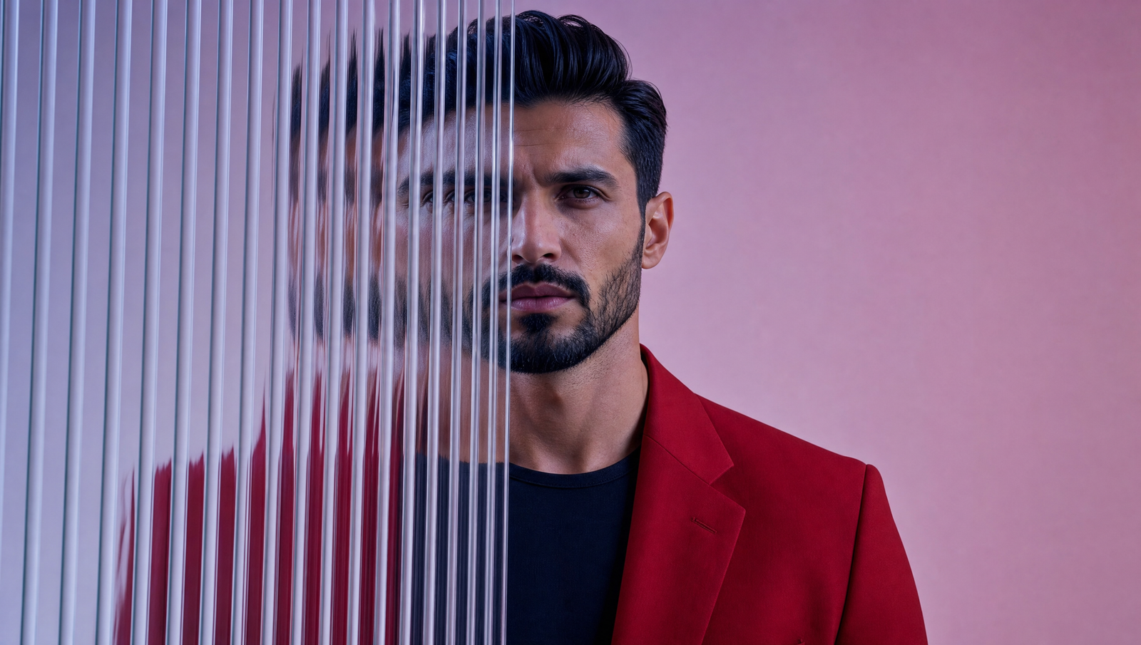 A striking editorial portrait photograph of a person wearing a red blazer, shot against a soft light pink studio background. The left half…