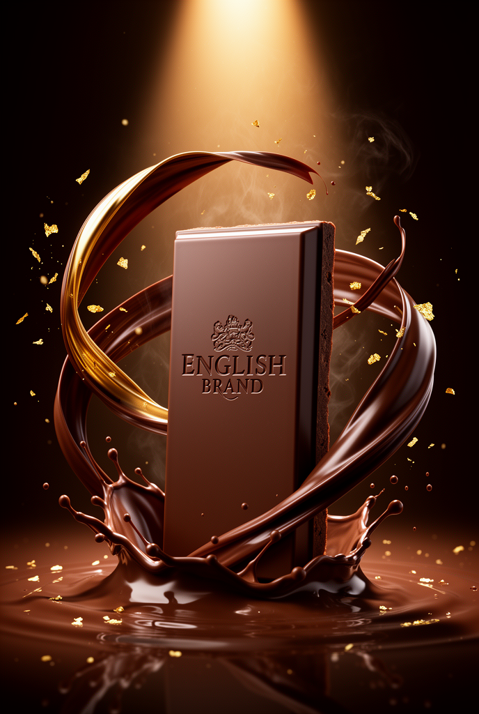 Luxury chocolate advertisement, a chocolate bar with molten chocolate flowing and swirling around it like liquid gold silk, cocoa splashes…