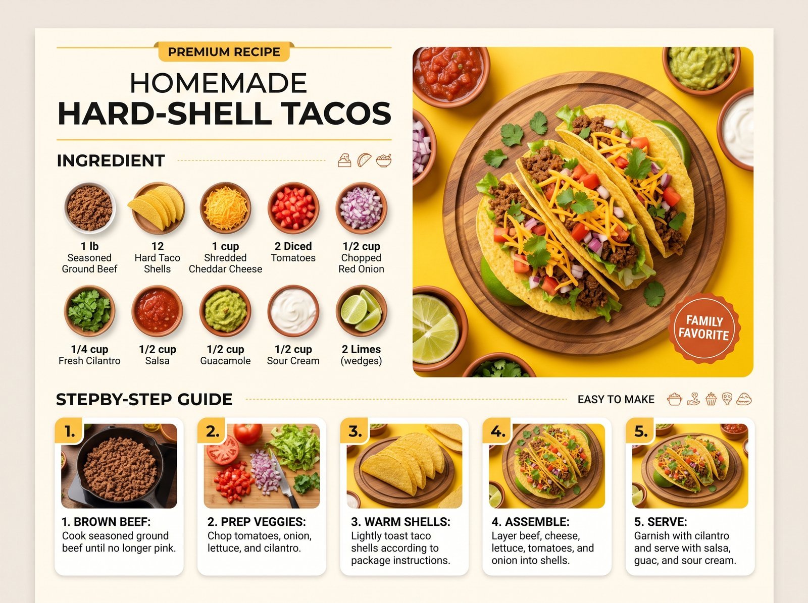 A premium recipe infographic poster featuring homemade tacos in a clean editorial food magazine layout. The design combines commercial food…