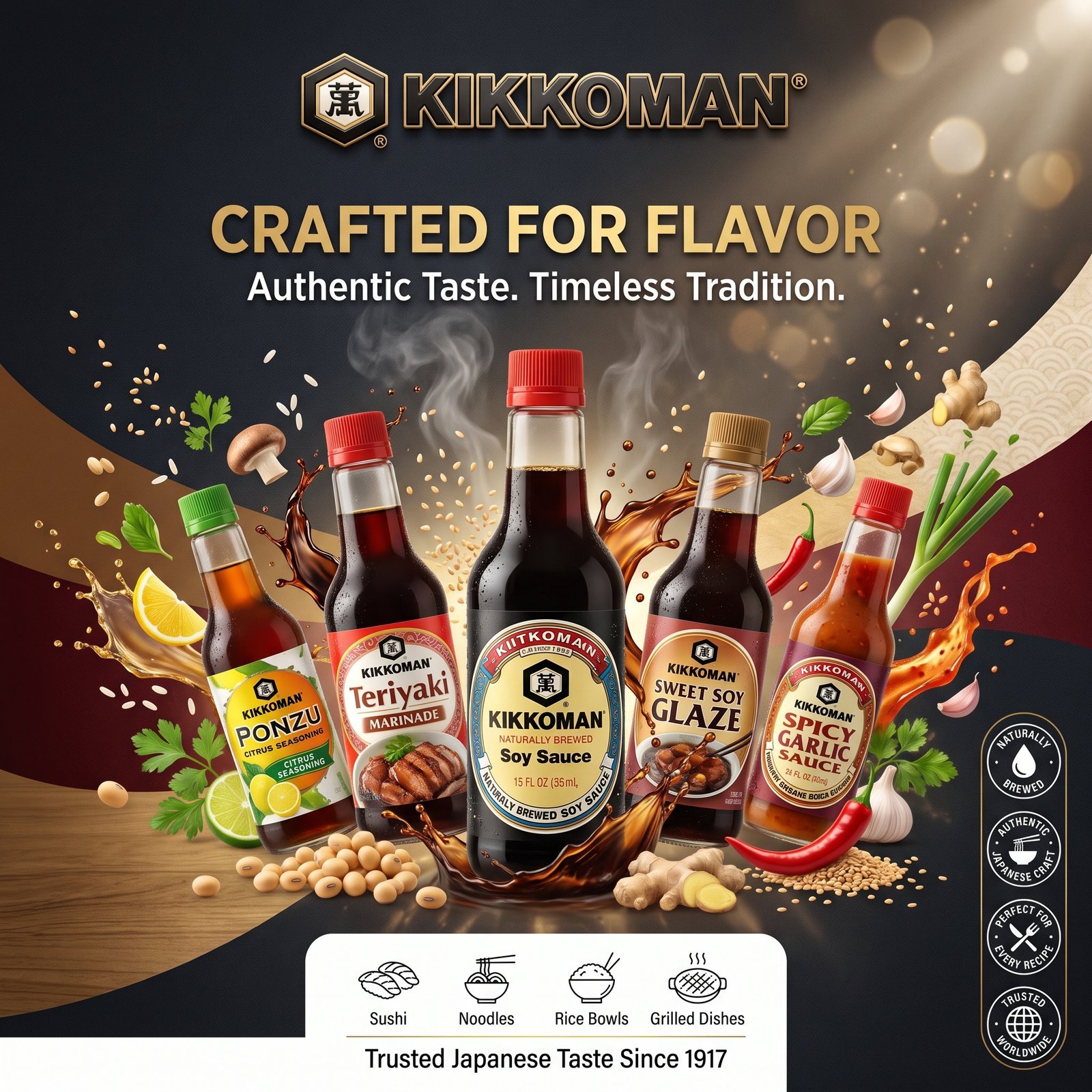 Ultra-premium Kikkoman commercial advertising poster, luxury Asian sauce product campaign, award-winning Behance-style FMCG advertisement…